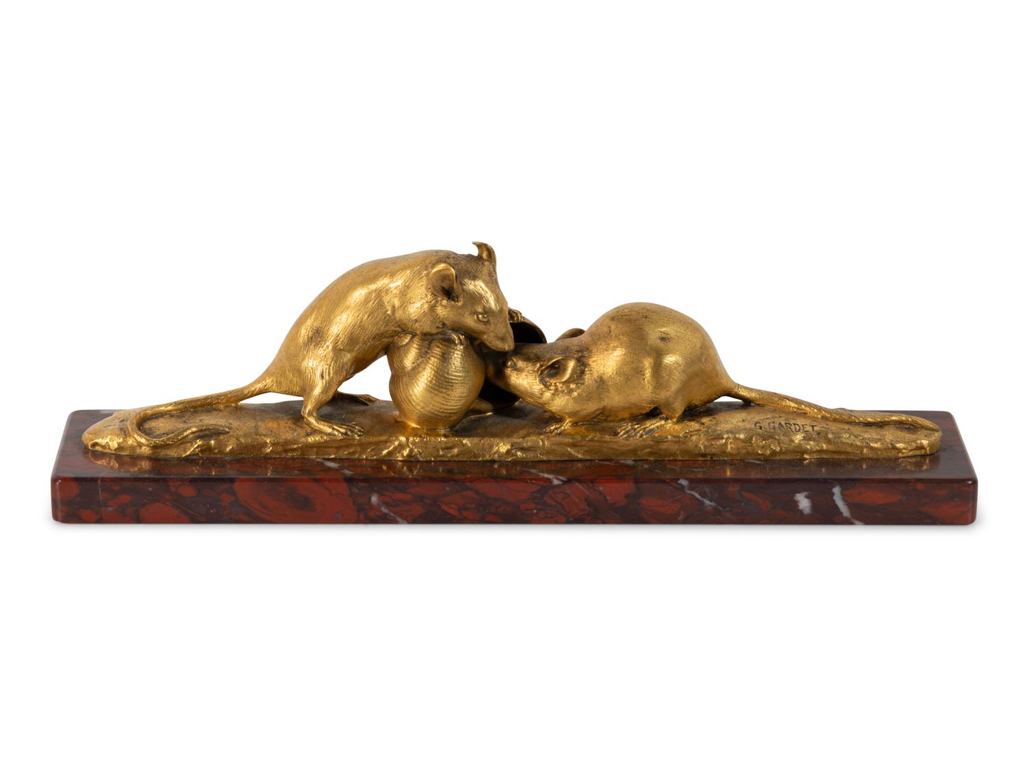 A Gilt-Bronze Group of Two Mice and a Small Shell