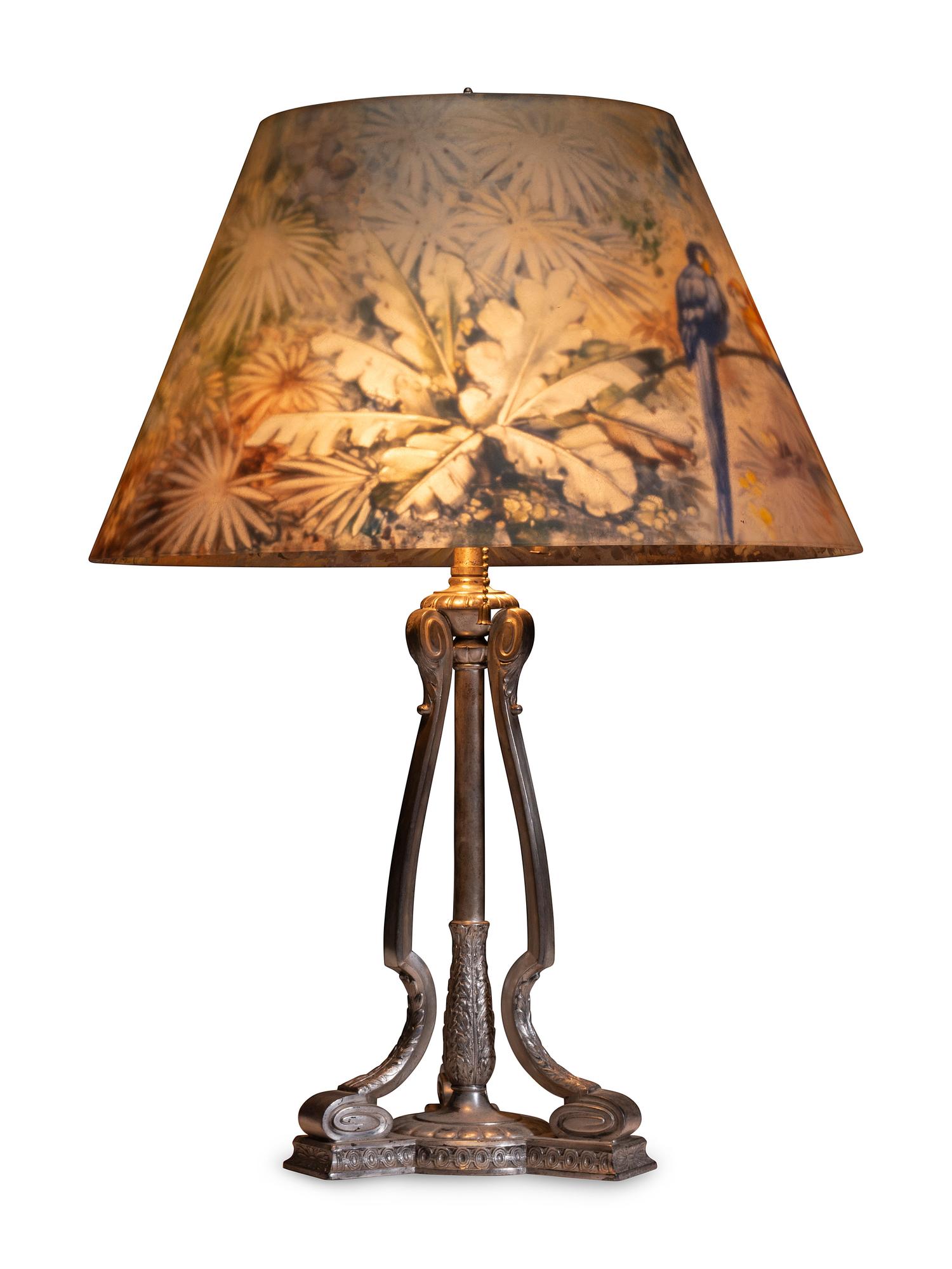 A Pairpoint Jungle Bird Reverse Painted Table Lamp