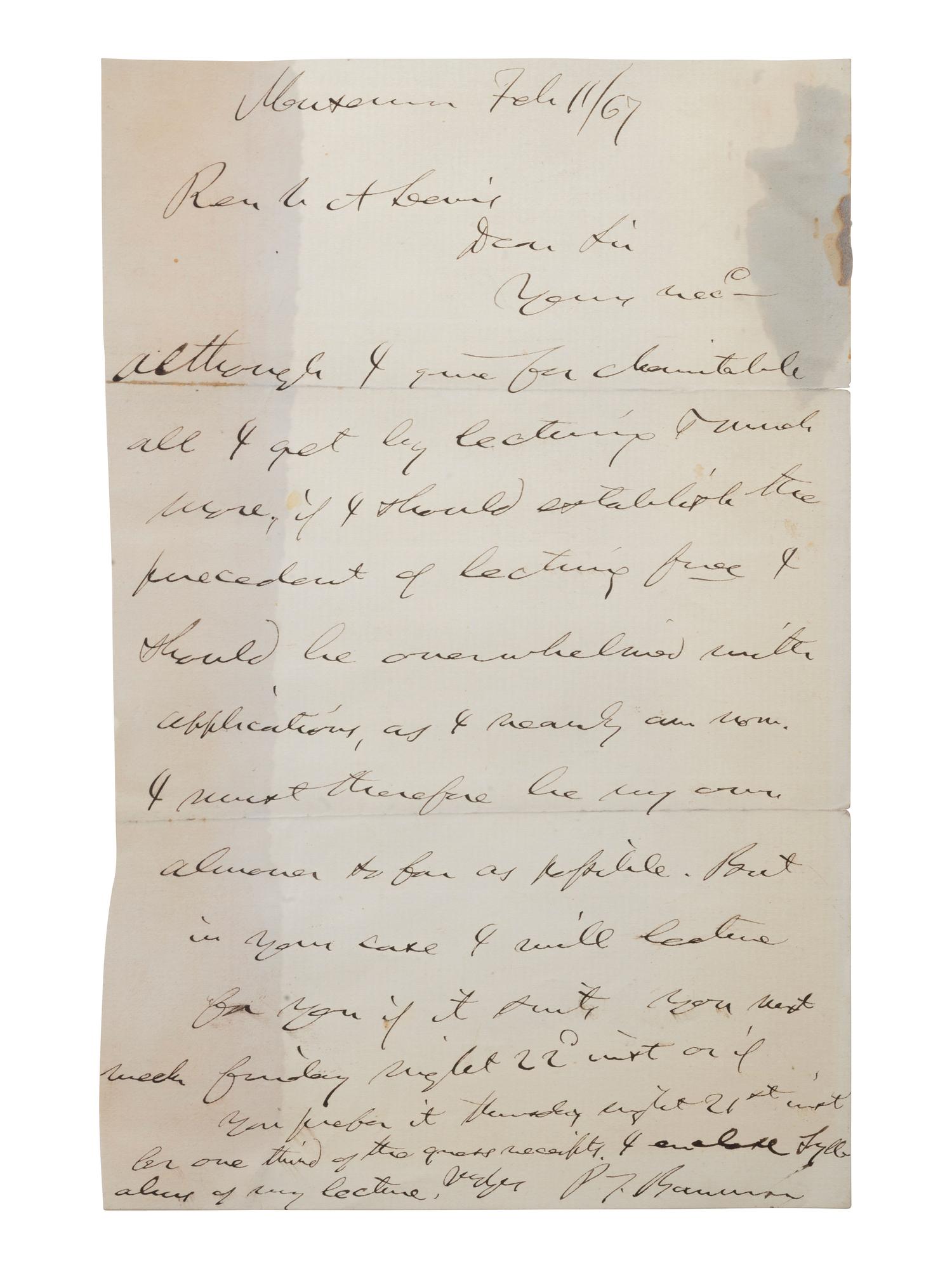 BARNUM, Phineas Taylor (1810-1891). Autograph letter signed ("P.T. Barnum"). [Museum?] 11 February 1867.
