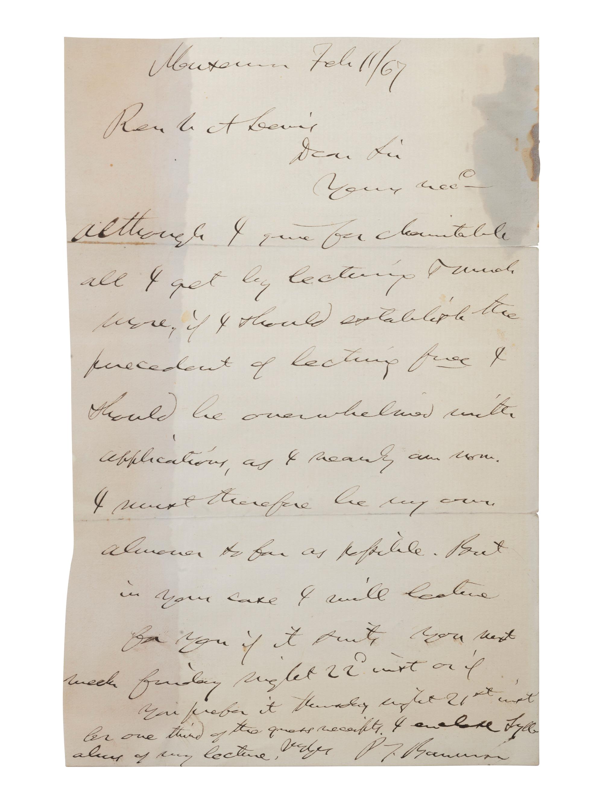 BARNUM, Phineas Taylor (1810-1891). Autograph letter signed ("P.T. Barnum"). [Museum?] 11 February 1867.