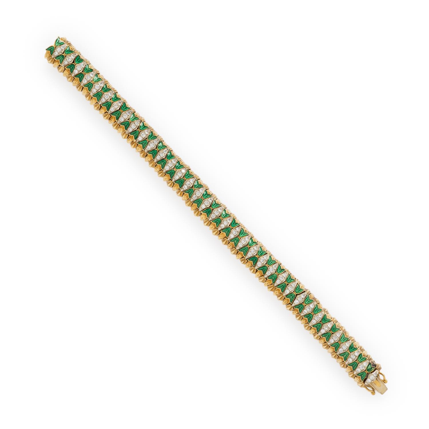 Diamond, Enamel, and Yellow Gold Flexible Bracelet