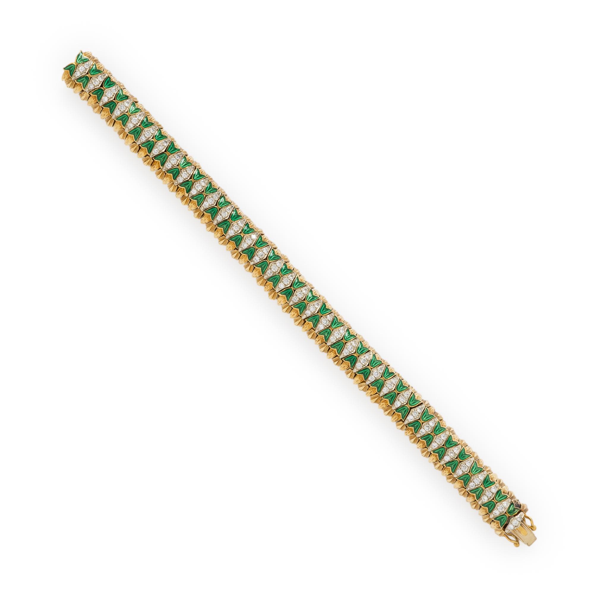 Diamond, Enamel, and Yellow Gold Flexible Bracelet