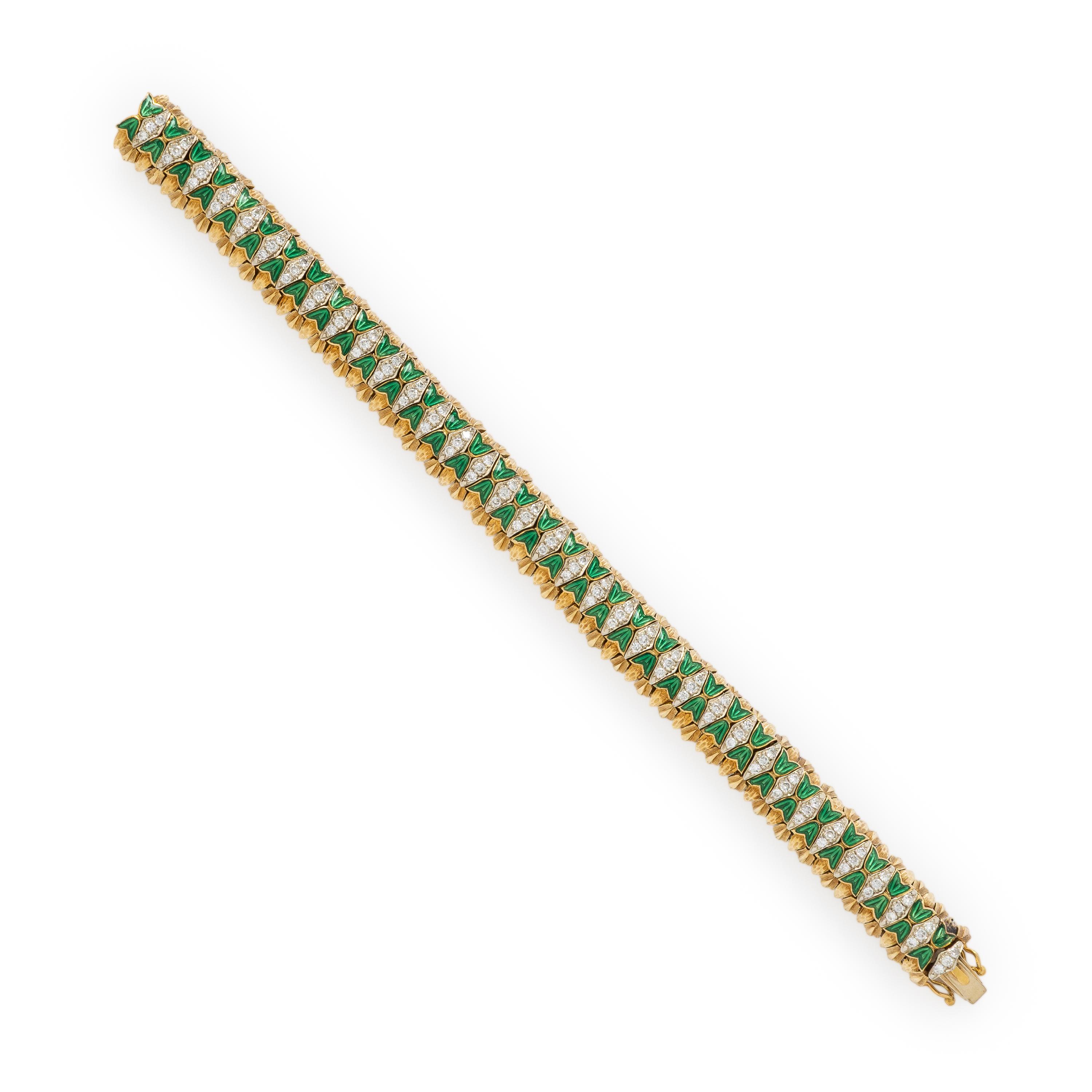 Diamond, Enamel, and Yellow Gold Flexible Bracelet