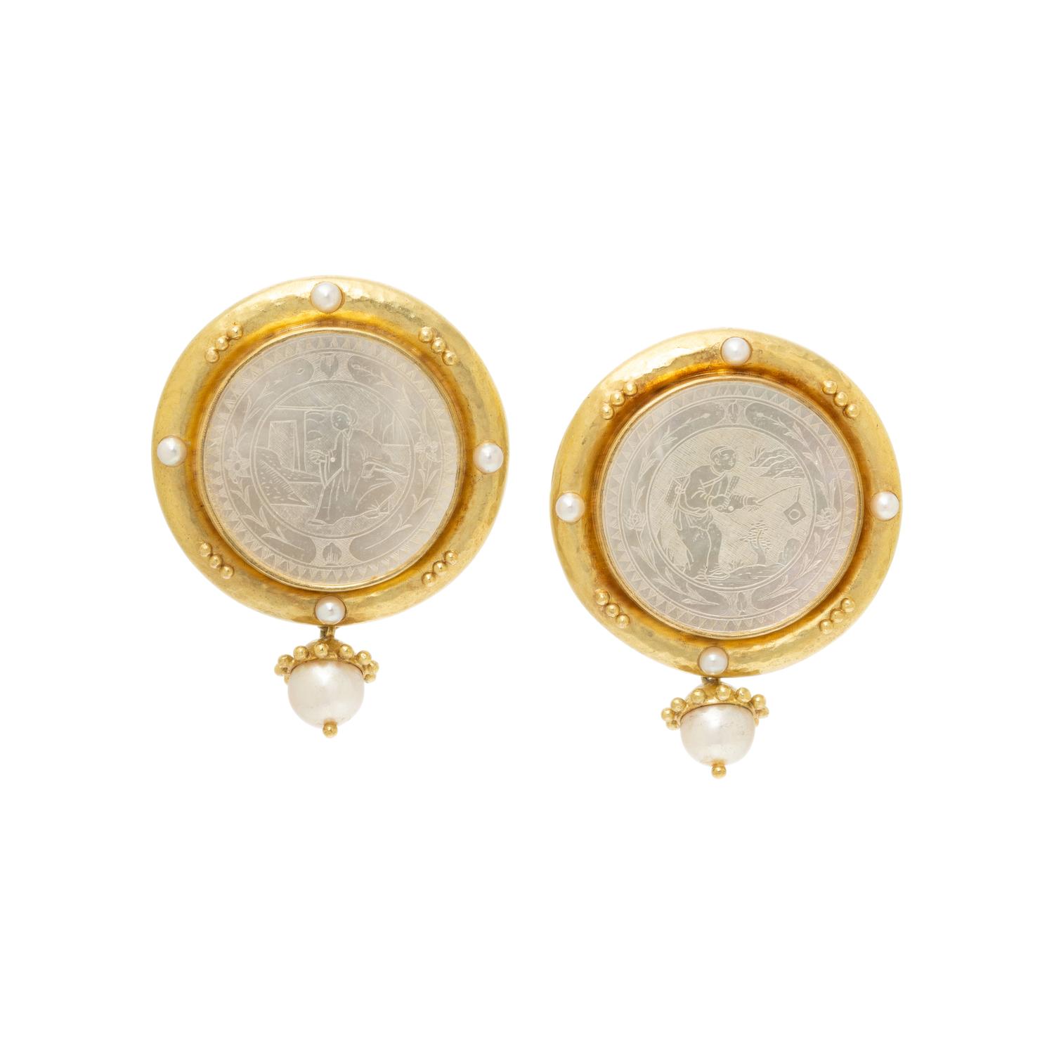 ELIZABETH LOCKE, MOTHER-OF-PEARL, CULTURED PEARL, AND YELLOW GOLD EARRINGS