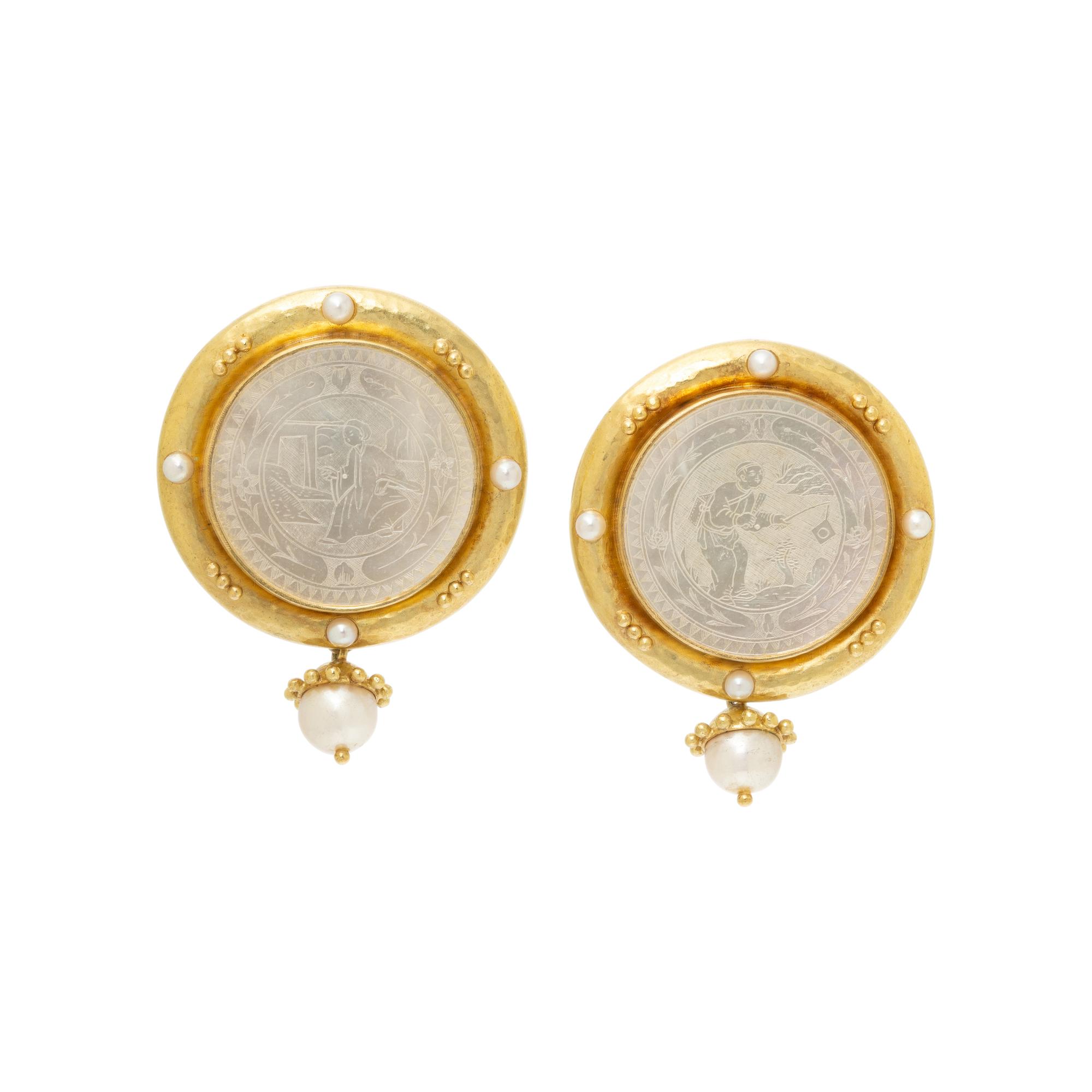 ELIZABETH LOCKE, MOTHER-OF-PEARL, CULTURED PEARL, AND YELLOW GOLD EARRINGS