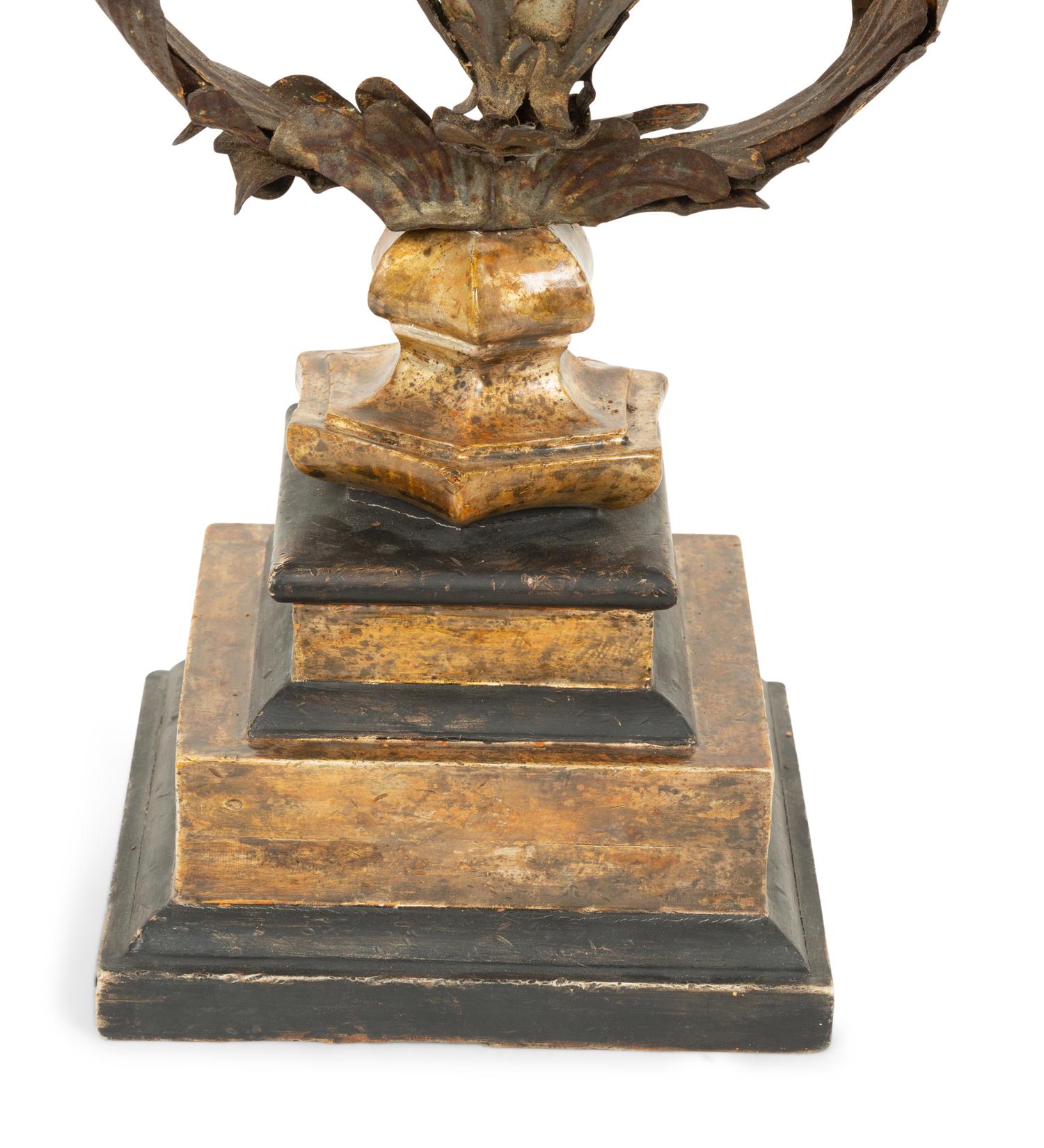 An Italian Tole Swinging Lantern on a Giltwood Stand