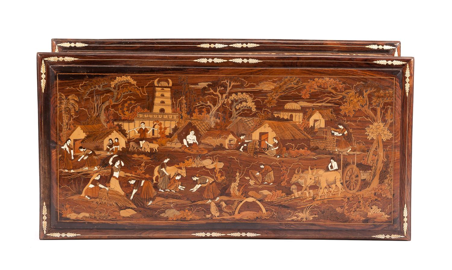 A Continental Marquetry Chest Height 14 x width 41 x depth 21 inches. — 19TH CENTURY
