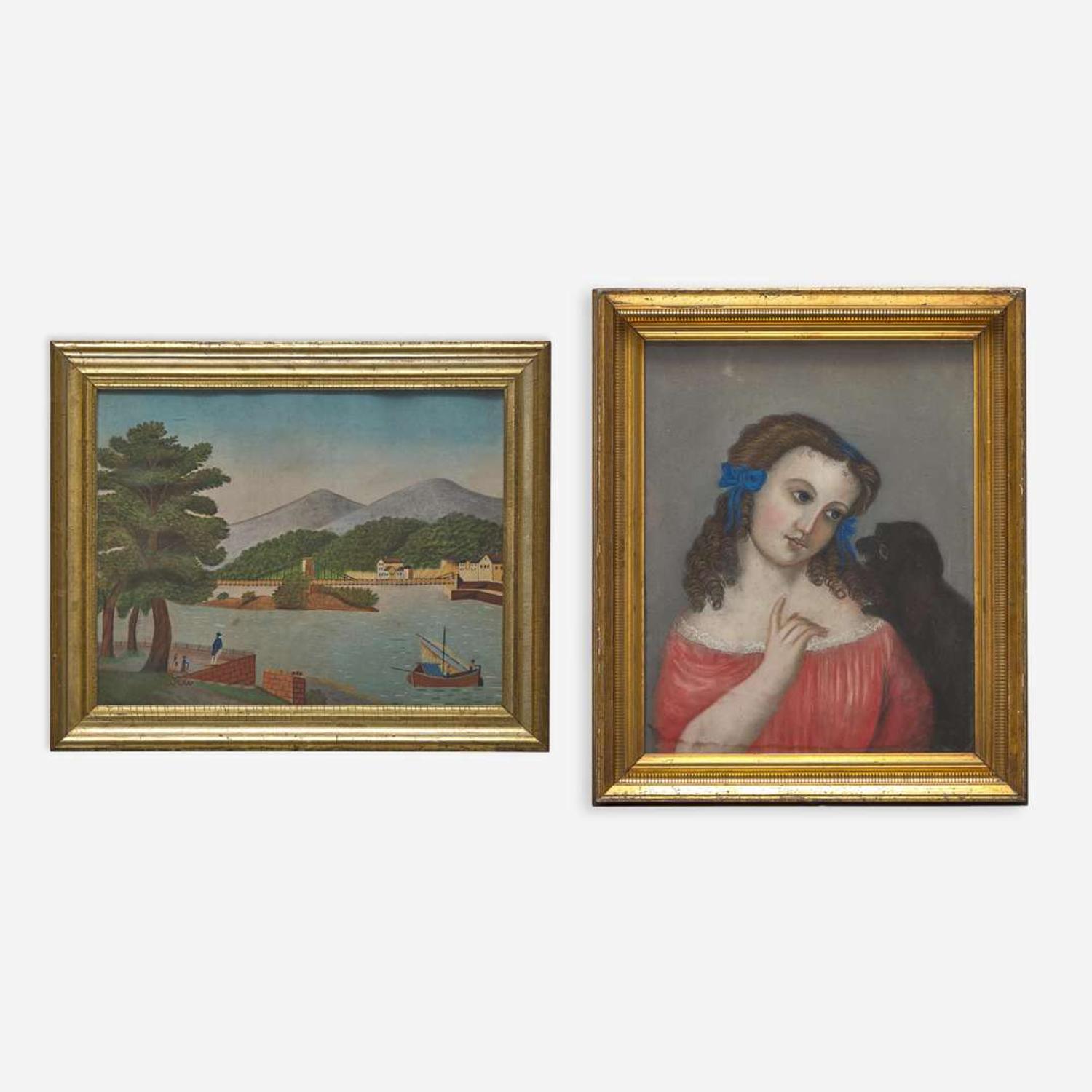 American School 19th century Two works: Portrait of a Young Girl and Dog and Landscape with Bridge and Mountain