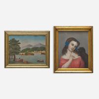American School 19th century Two works: Portrait of a Young Girl and Dog and Landscape with Bridge and Mountain
