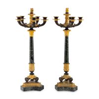 A Pair of Charles X Gilt and Patinated Bronze Mounted Marble Seven-Light Candelabra
