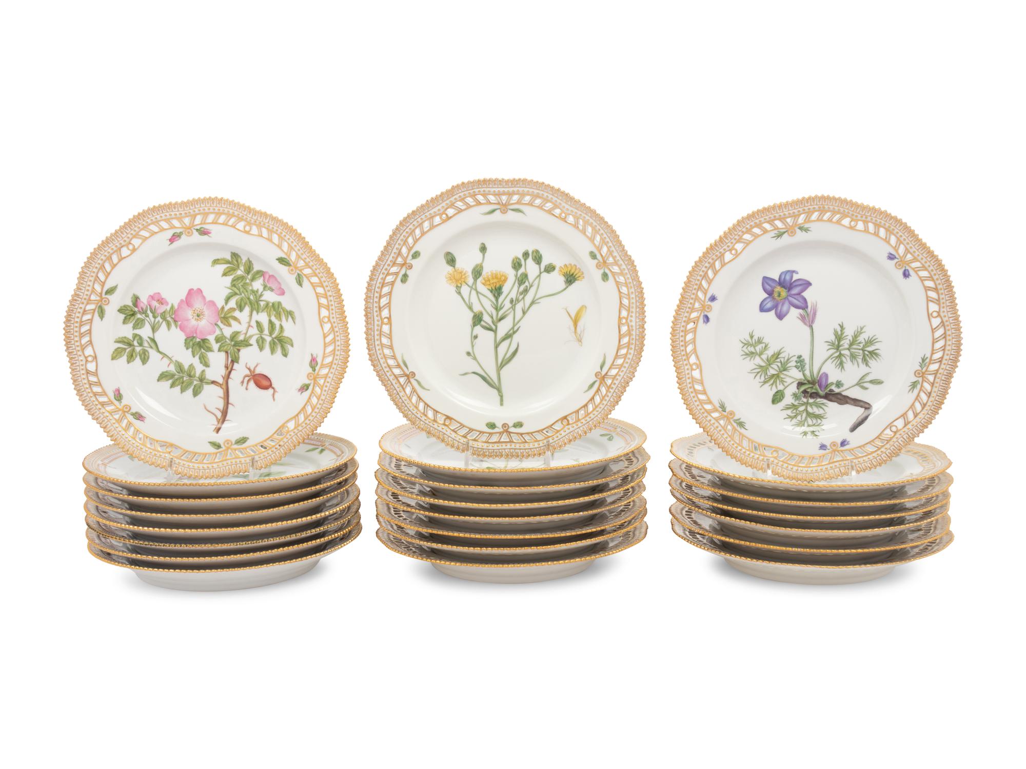 A Group of Fifteen Royal Copenhagen Flora Danica Reticulated Porcelain Luncheon Plates