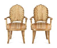 A Pair of Italian Carved Grotto Shellback Chairs