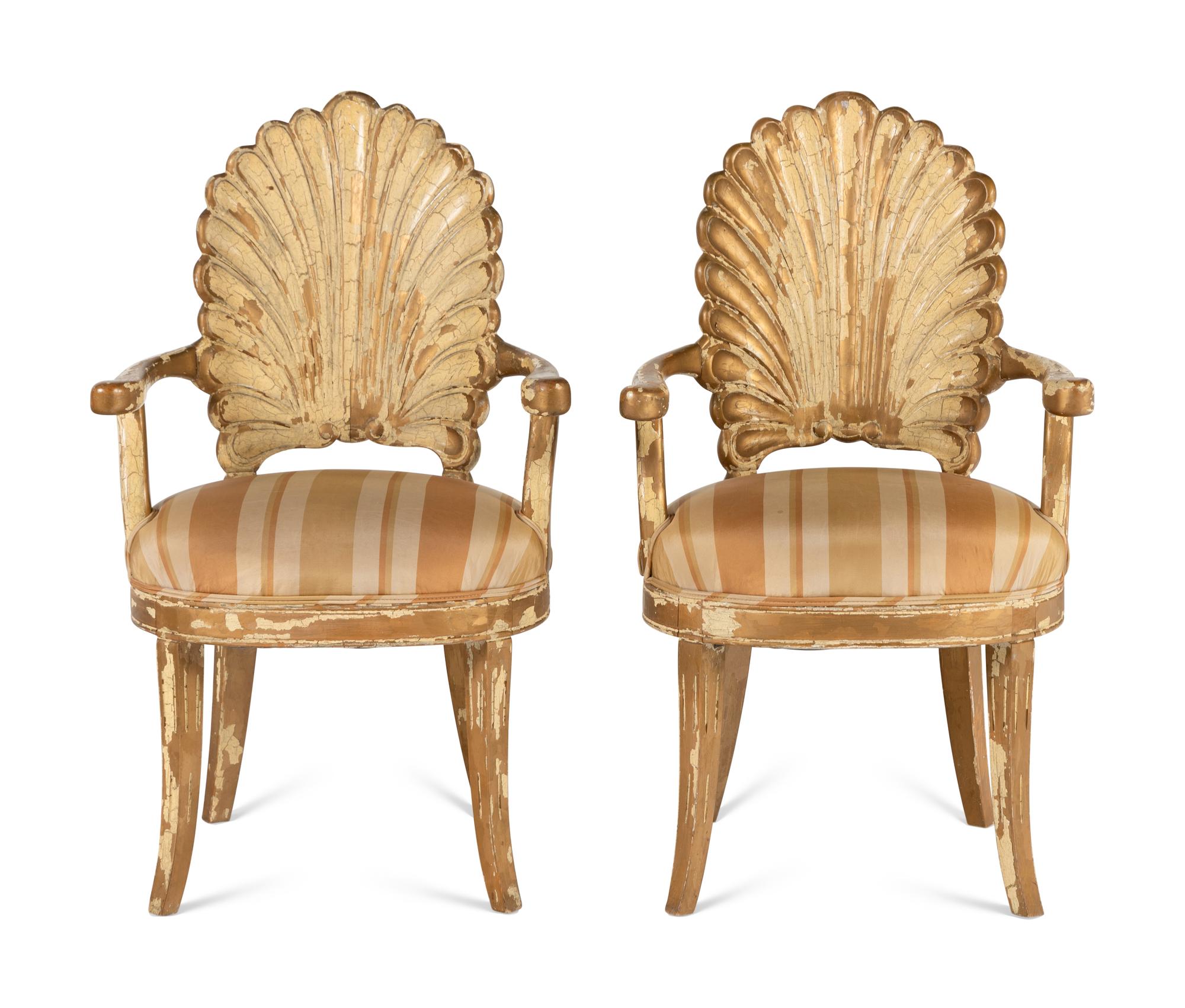 A Pair of Italian Carved Grotto Shellback Chairs