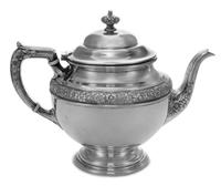 An American Silver Teapot, Alvin Mfg. Co., Providence, RI, having a horizontal band of floral decoration, raised on a stepped circular