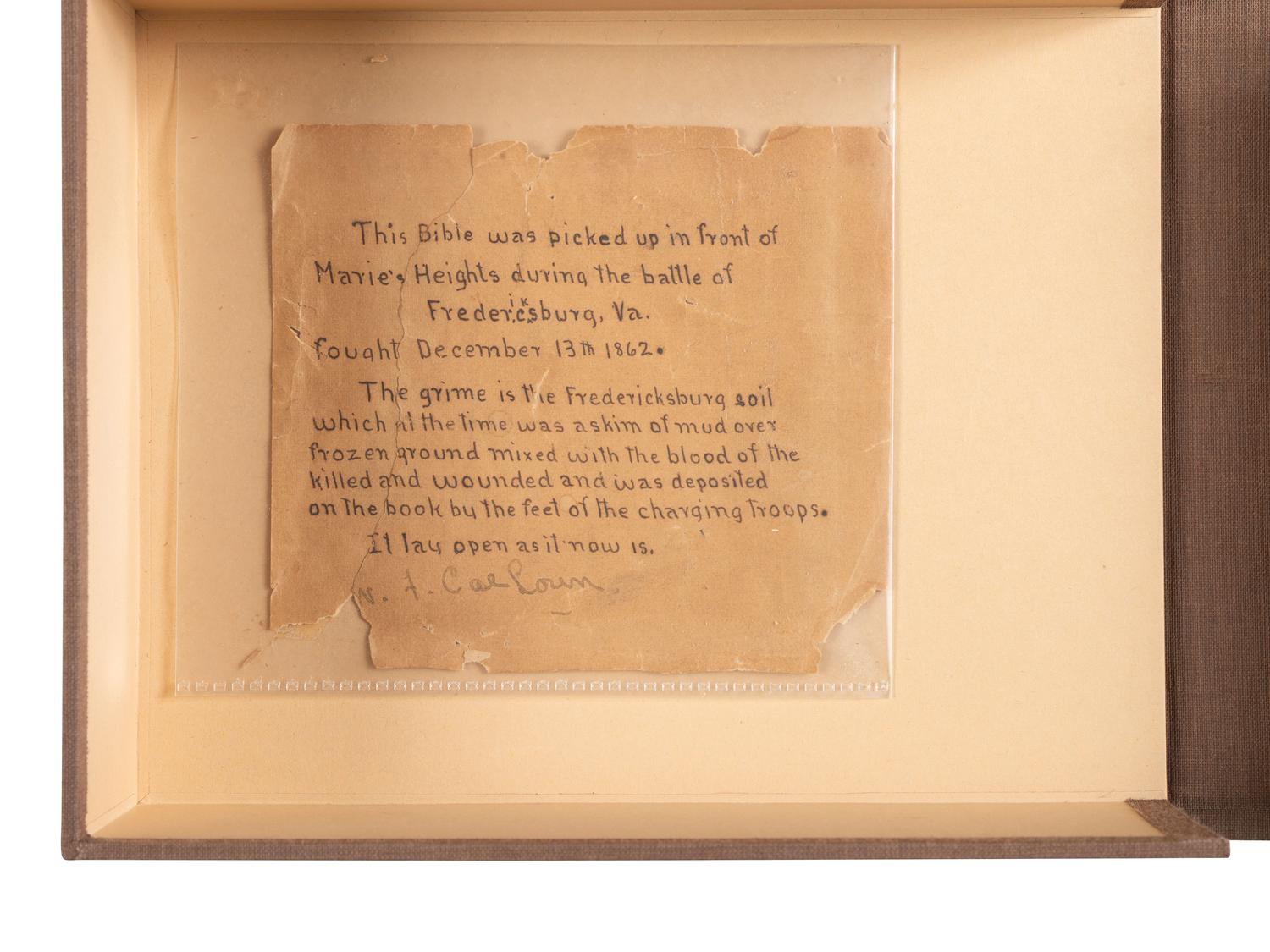 [CIVIL WAR]. Soldier's Bible recovered by Sgt. W. F. Calhoun in front of Marie's Heights during the Battle of Fredericksburg, VA, 1862.