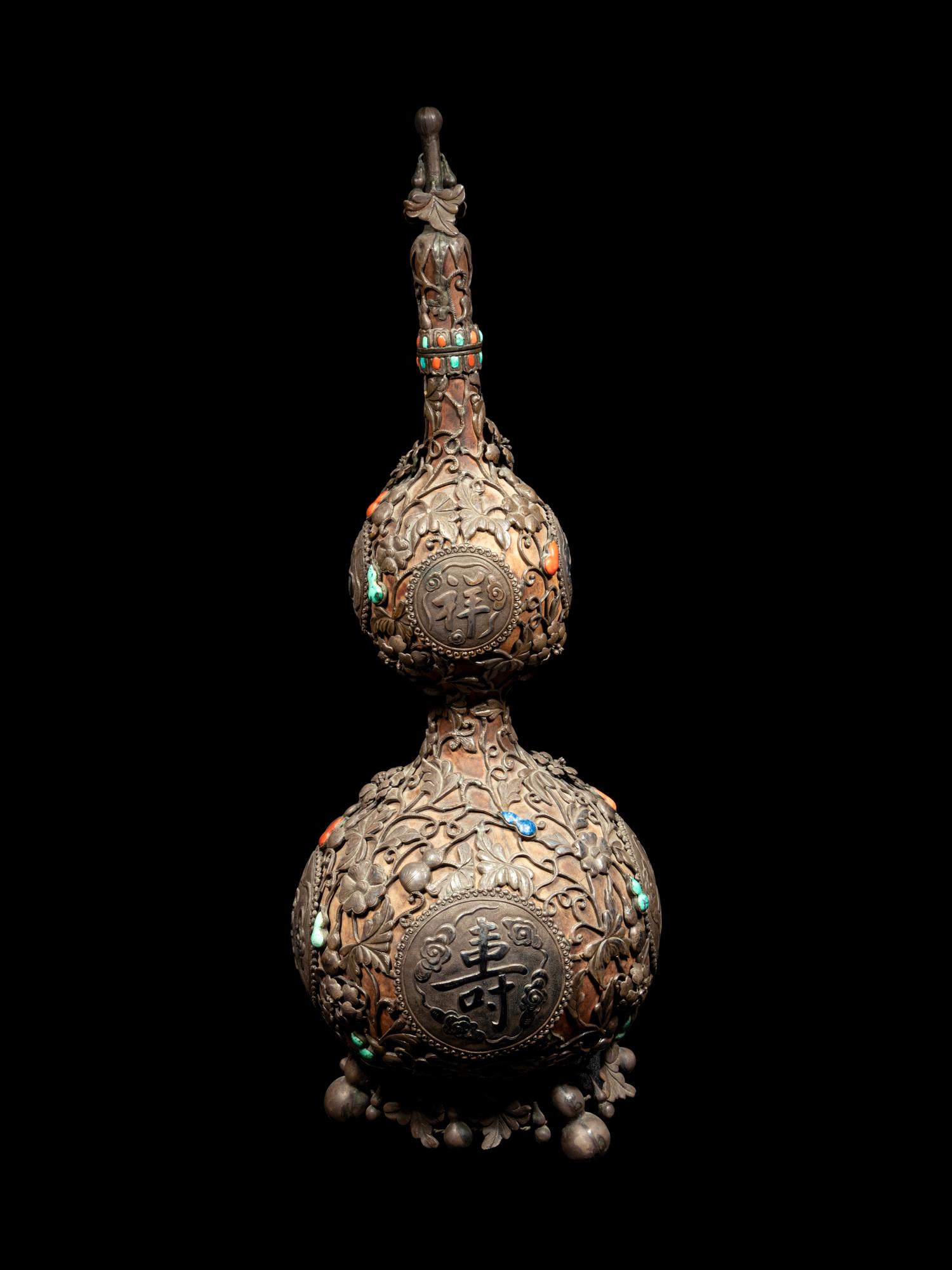A Chinese Hardstone Inset Metal Mounted Double Gourd Vase and Cover