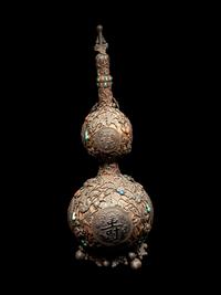 A Chinese Hardstone Inset Metal Mounted Double Gourd Vase and Cover