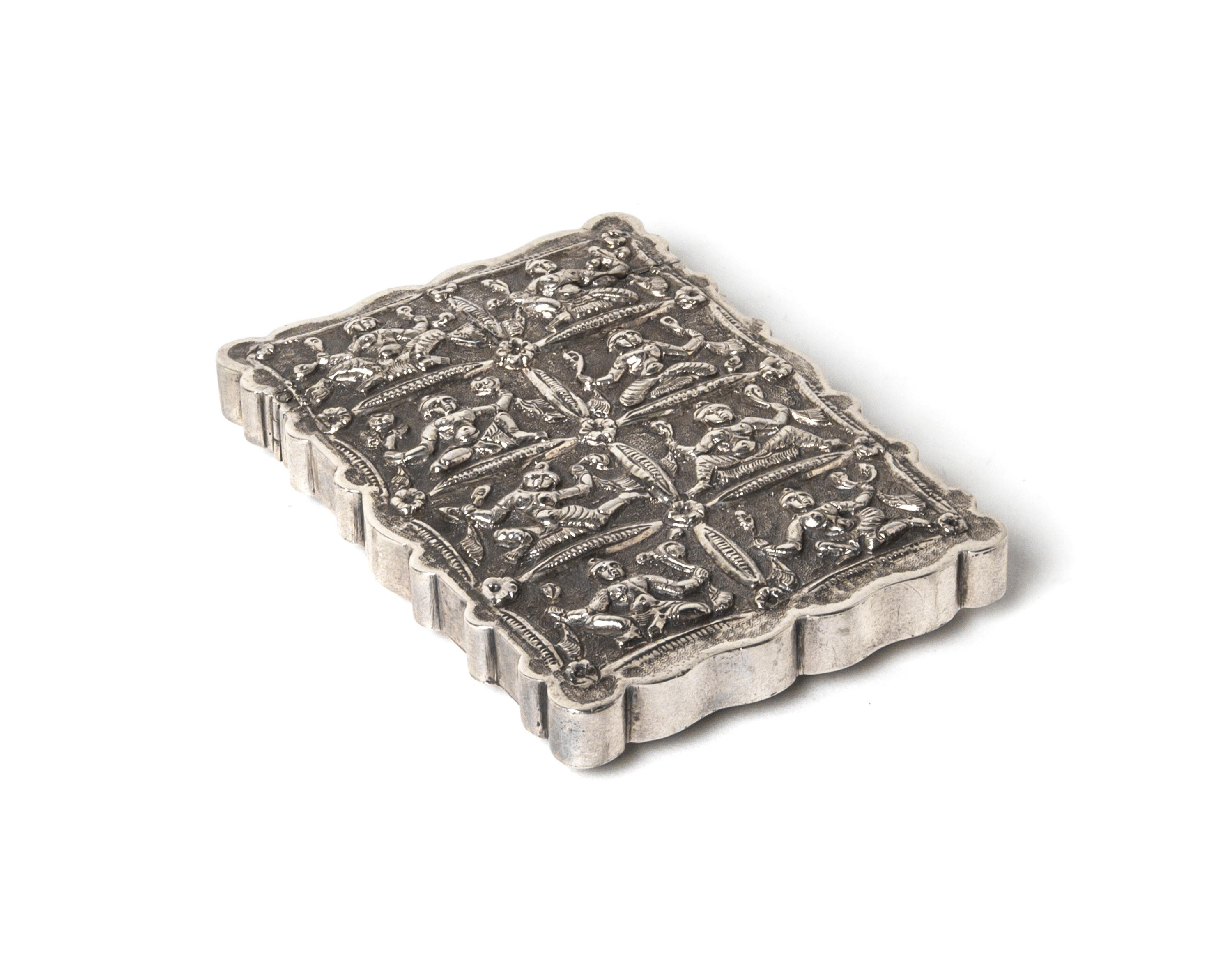 An Indian Silvered Metal Card Case, Height 3 5/8 inches.