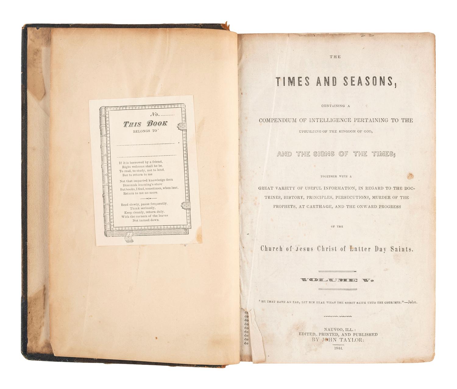 [MORMONISM]. The Times and Seasons, Containing a Compendium of Intelligence Pertaining to the Upbuilding of the Kingdom of God..... Vol. V & VI. Nauvoo, IL: John Taylor, 1844-1846.