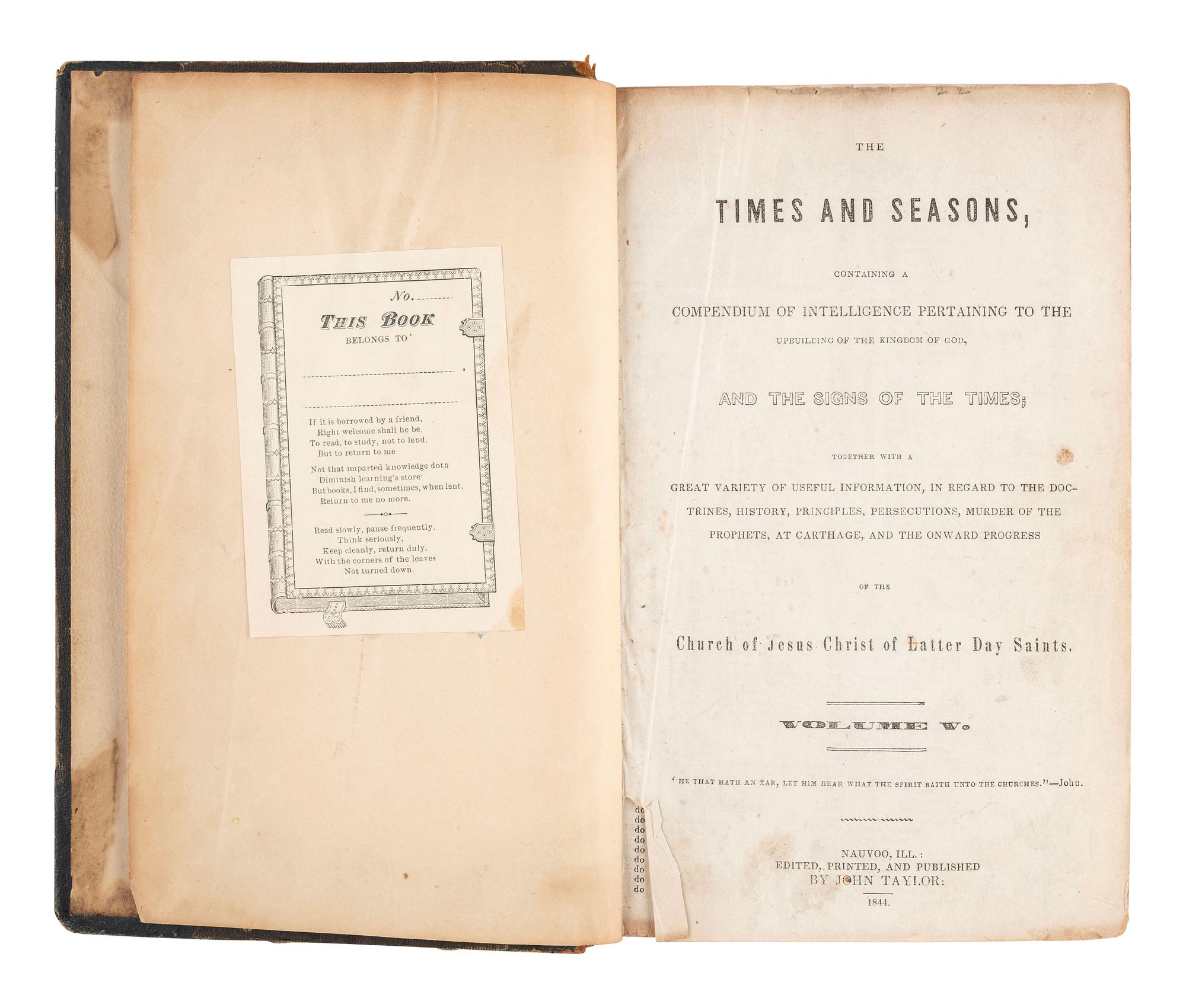 [MORMONISM]. The Times and Seasons, Containing a Compendium of Intelligence Pertaining to the Upbuilding of the Kingdom of God..... Vol. V & VI. Nauvoo, IL: John Taylor, 1844-1846.