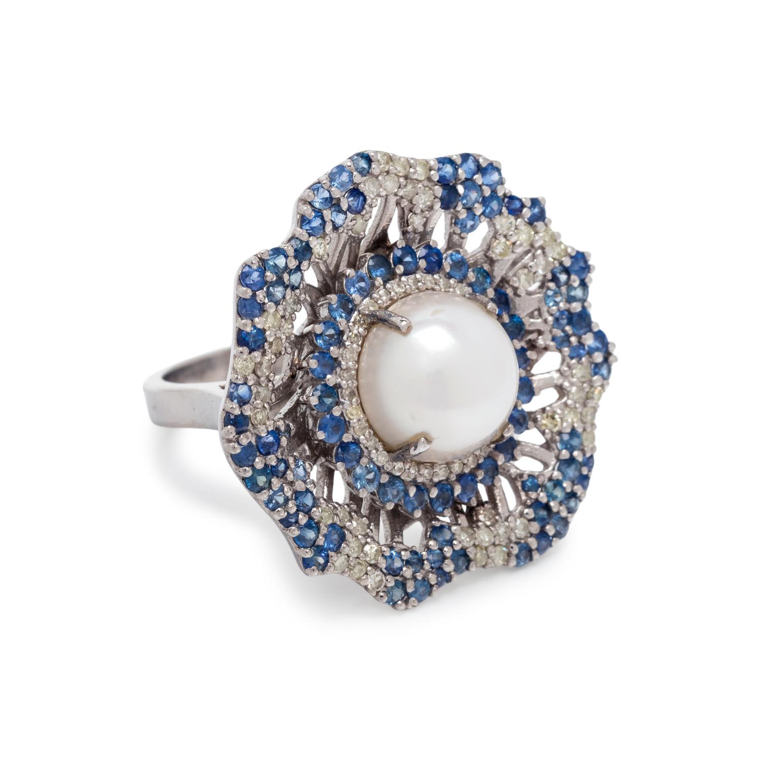 CULTURED PEARL, SAPPHIRE AND DIAMOND RING