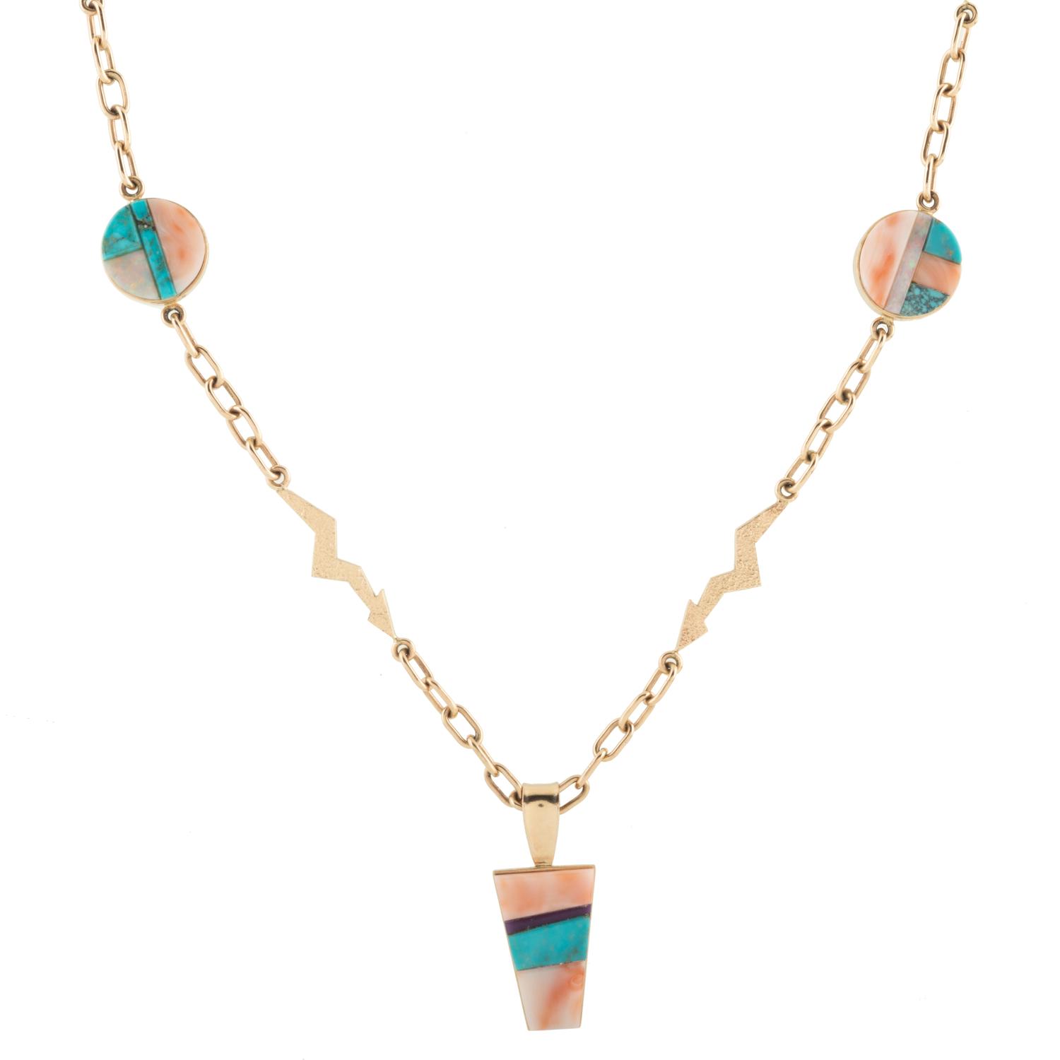 14k Gold Tufa Cast Necklace, with Turquoise, Coral, Opal, and Sugilite Lot is located and will ship from Denver, Colorado.