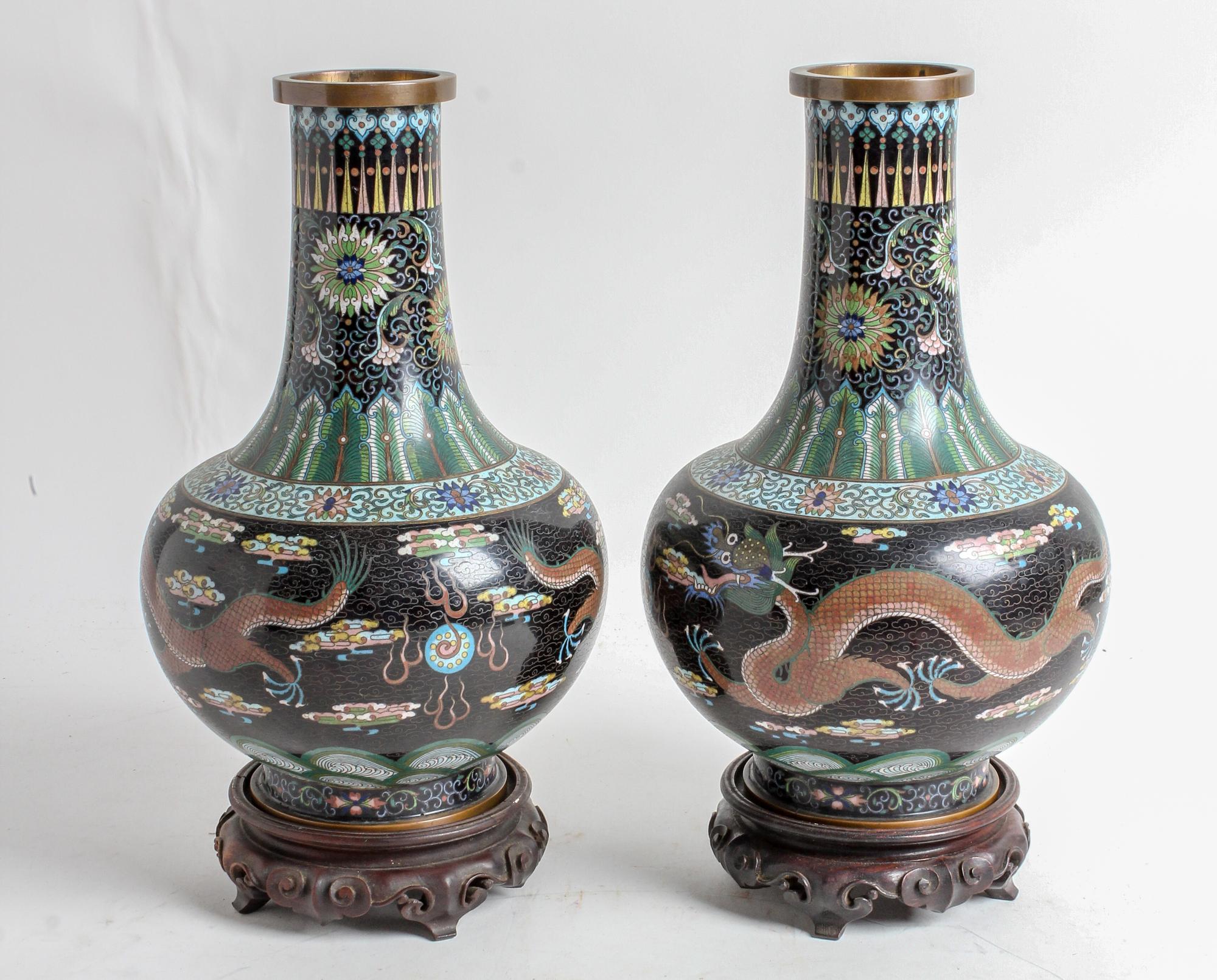 A Pair of Chinese Cloisonne Enamel Vases Height 12 1/2 inches.