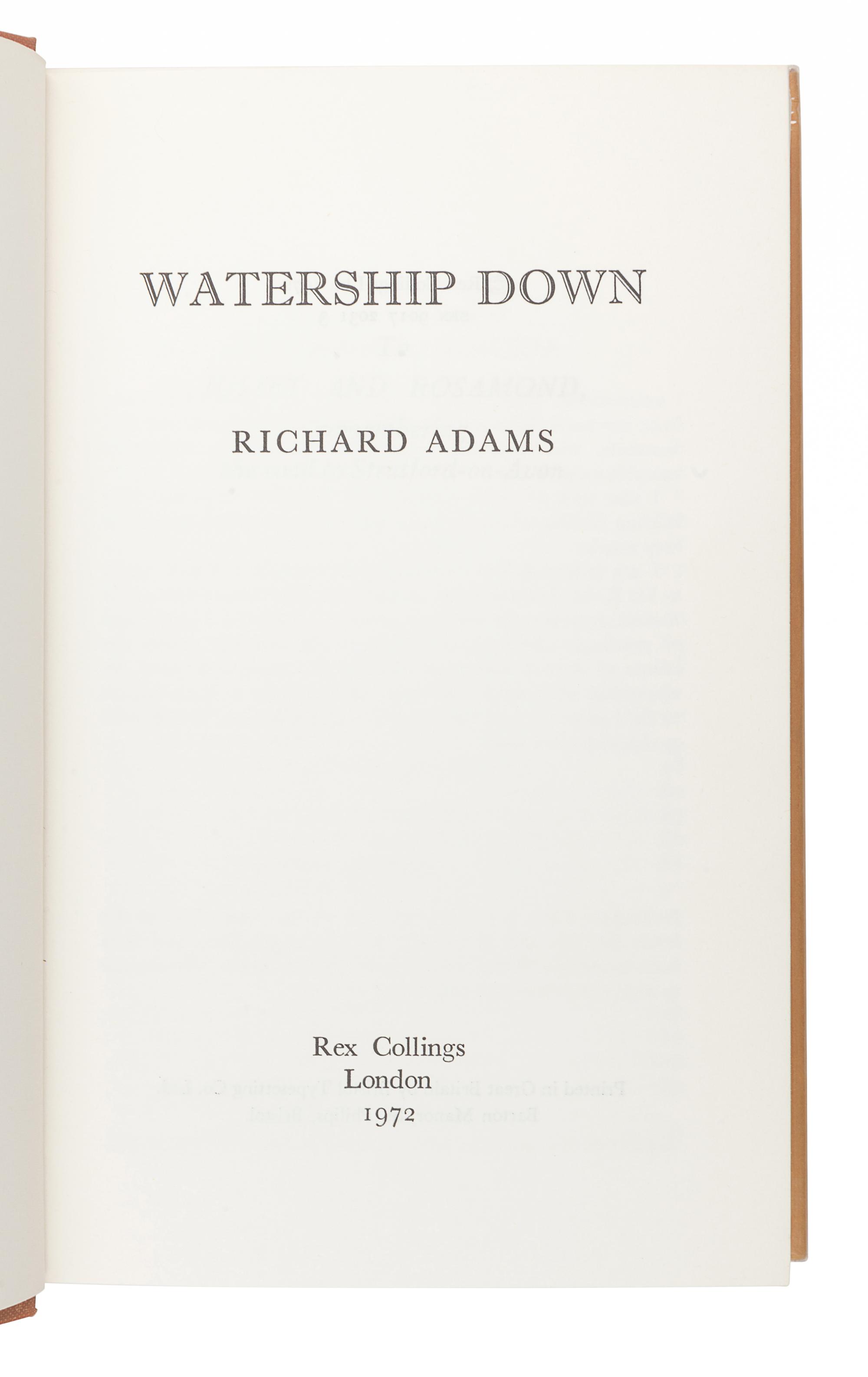 ADAMS, Richard (1920-2016). Watership Down . London: Rex Collings, 1972.