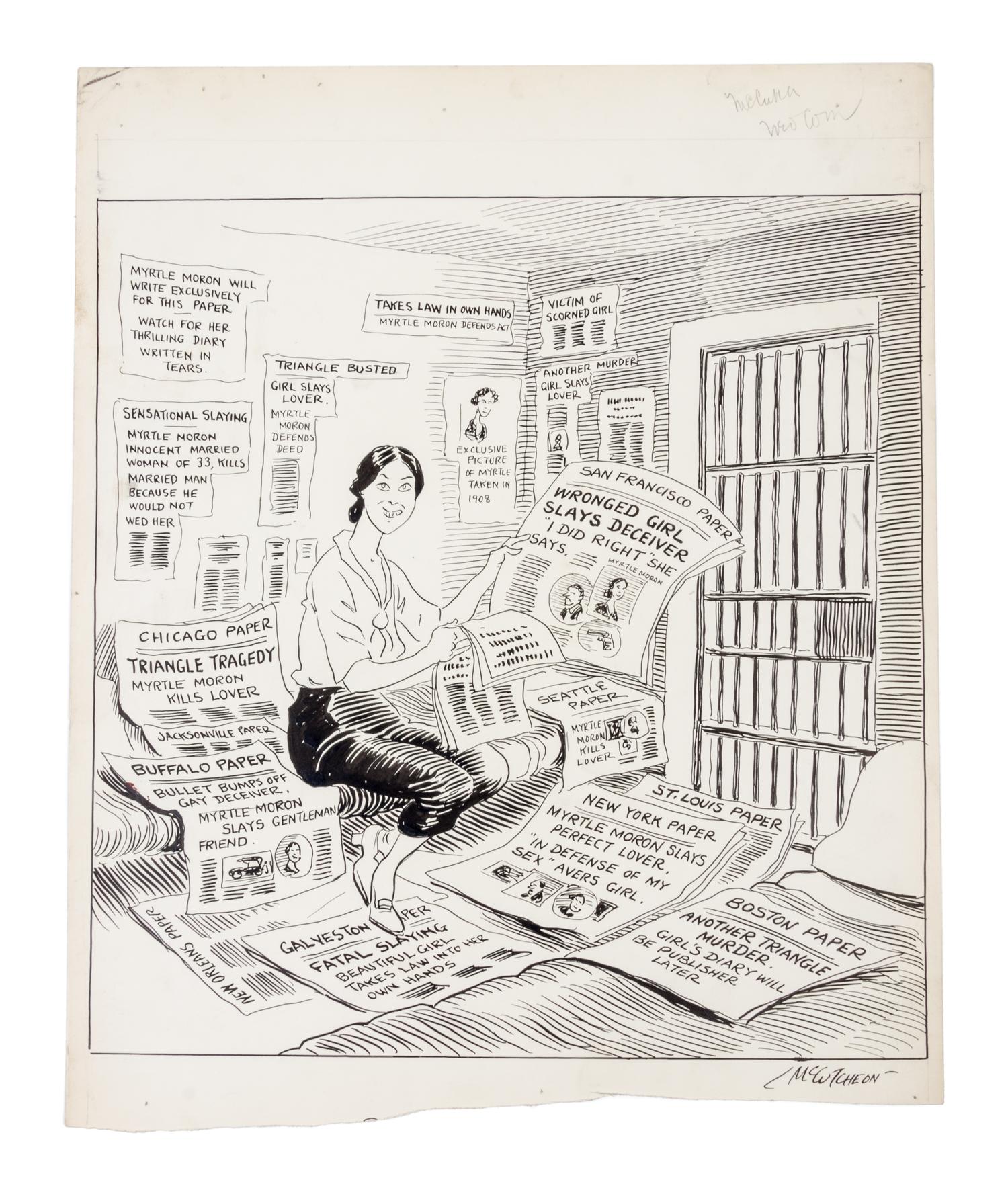 (CHICAGO) MCCUTCHEON, JOHN TINNEY. 6 original pen and ink illustrations for The Chicago Tribune re: crime, c. 1926-1931.