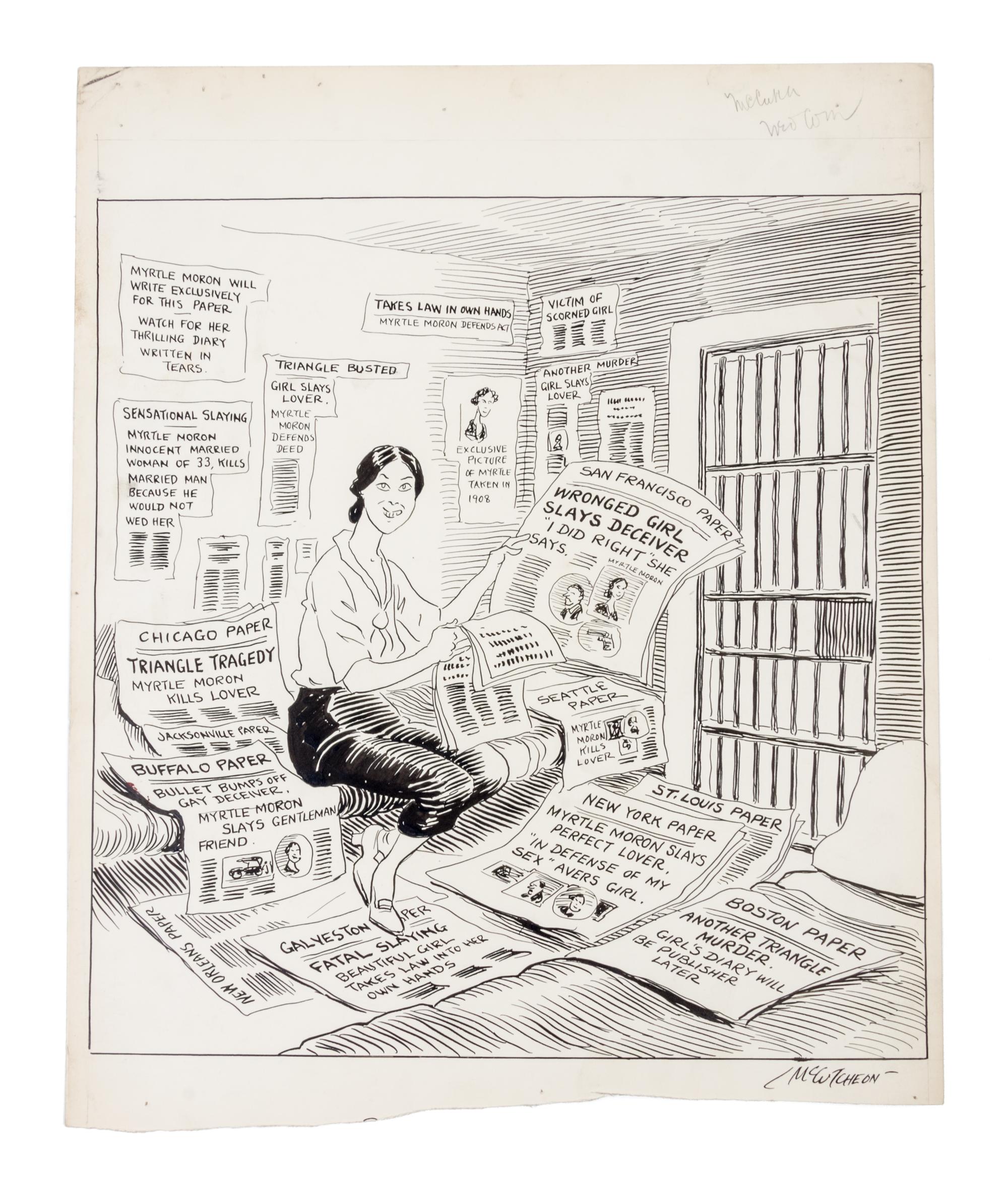 (CHICAGO) MCCUTCHEON, JOHN TINNEY. 6 original pen and ink illustrations for The Chicago Tribune re: crime, c. 1926-1931.