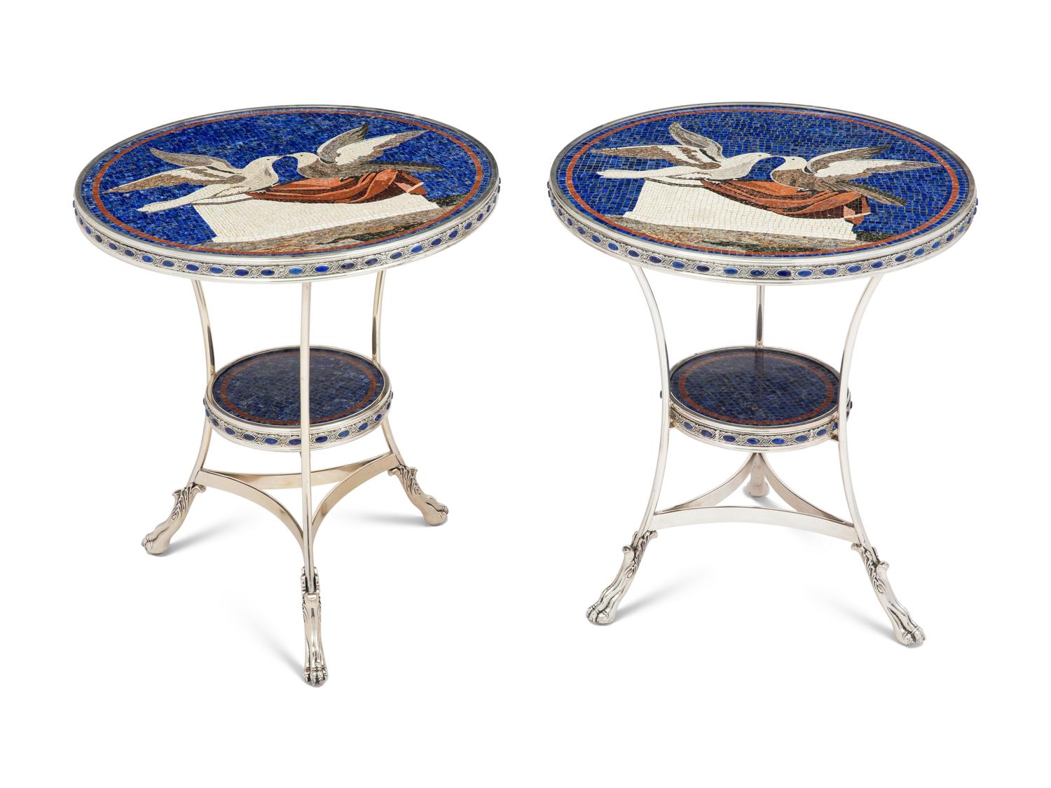 A Pair of Empire Style Silvered Bronze and Mosaic-Top Gueridons