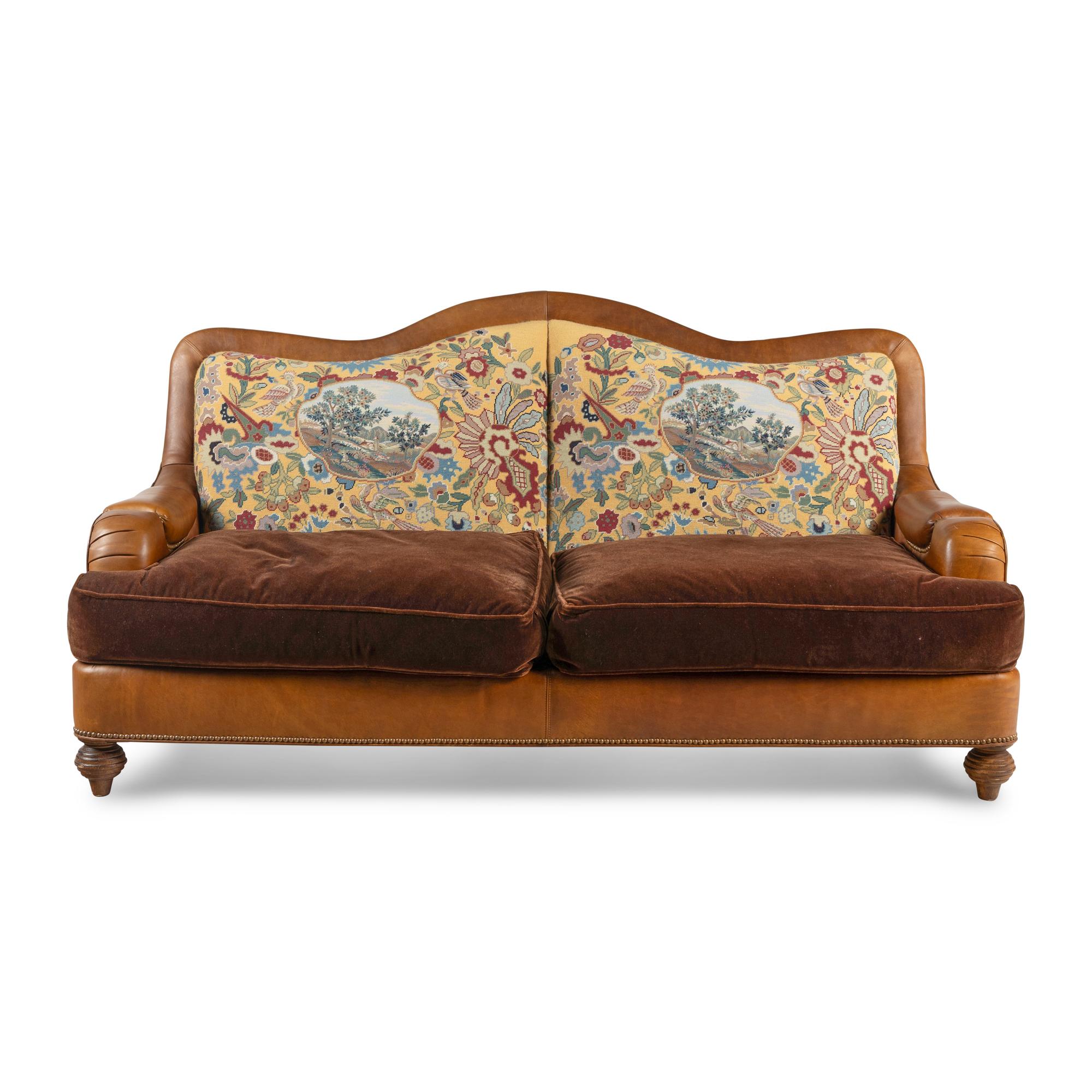 A Leather, Velvet and Needlepoint Upholstered Sofa