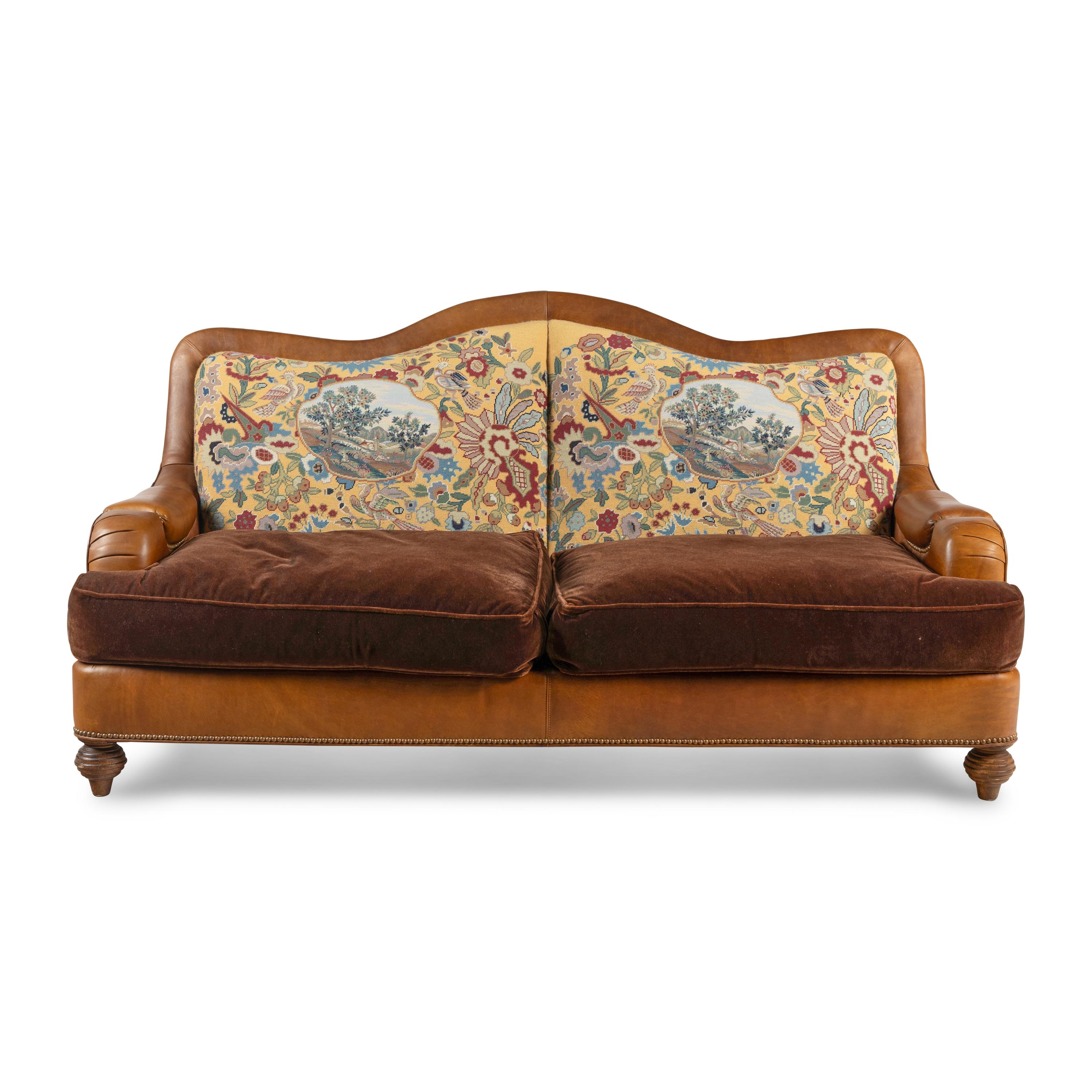 A Leather, Velvet and Needlepoint Upholstered Sofa