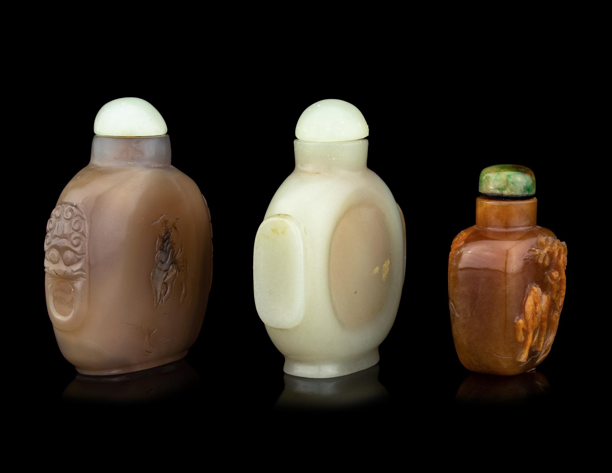 Three Chinese Jade and Agate Snuff Bottles