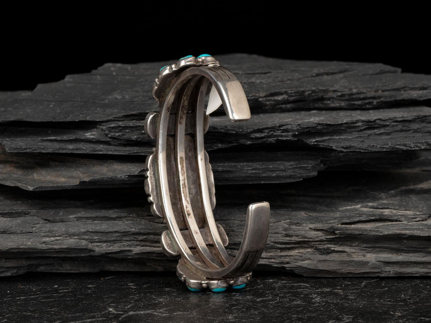 Navajo or Zuni Silver and Turquoise Cluster Cuff Bracelet