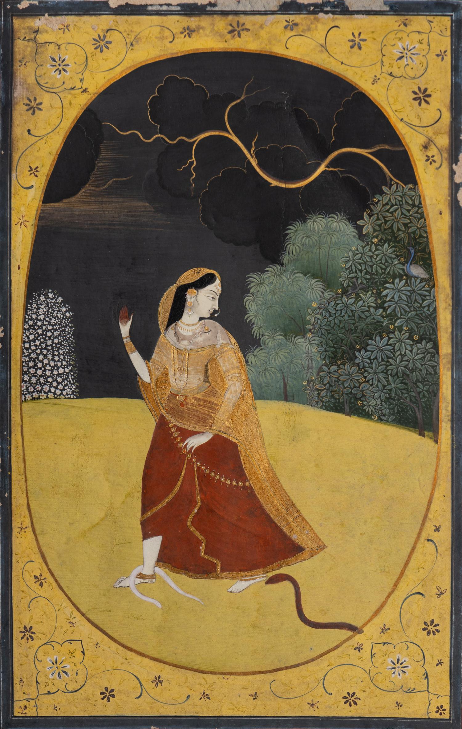 An Indian Painting of Abhisarika Nayika, Punjab Hills, Guler, Circa 1800 約1800年 印度旁遮普山丘古勒派細密畫《秘會圖》