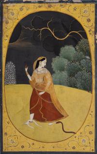An Indian Painting of Abhisarika Nayika, Punjab Hills, Guler, Circa 1800 約1800年 印度旁遮普山丘古勒派細密畫《秘會圖》