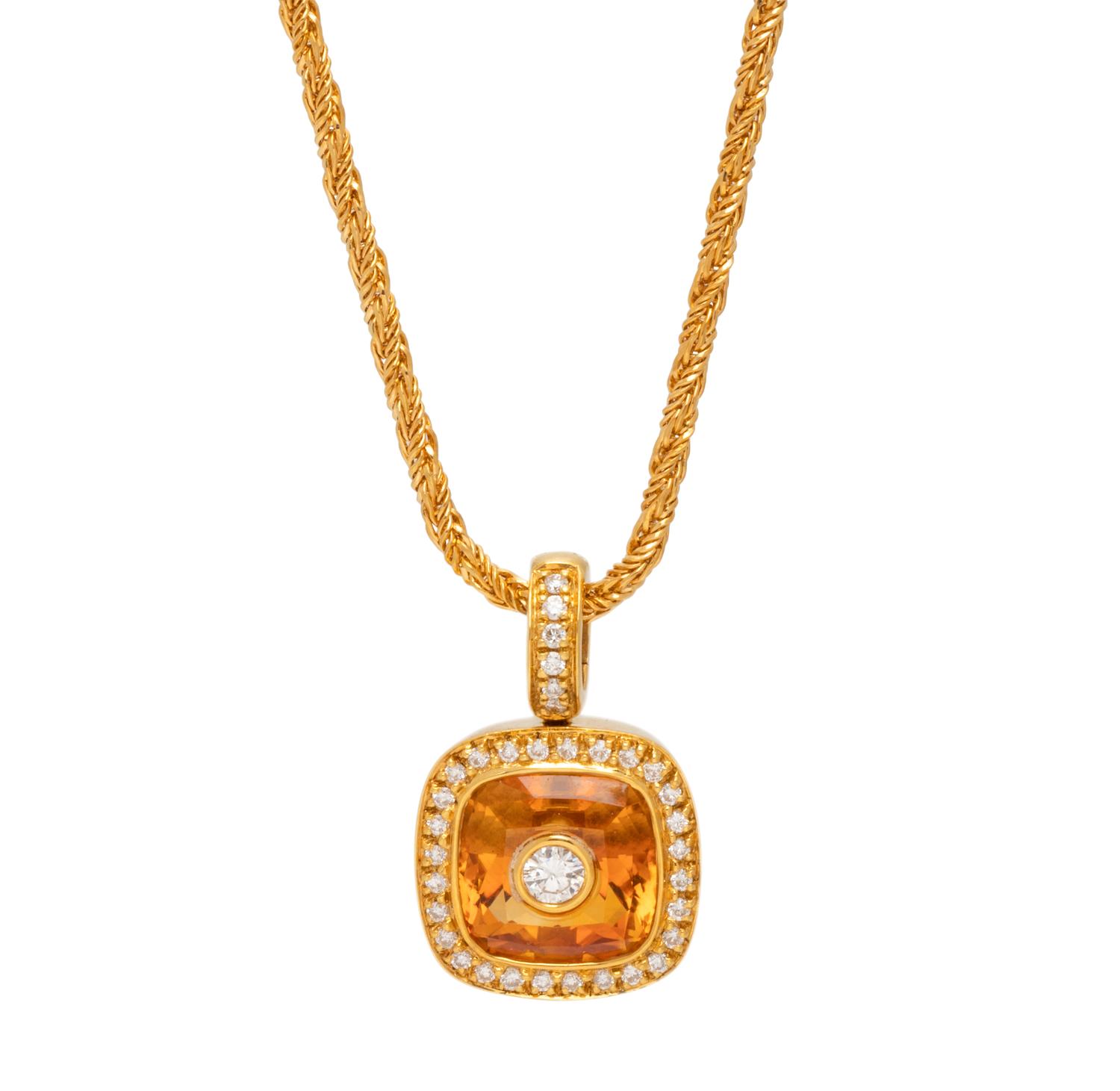 YELLOW GOLD, CITRINE AND DIAMOND PENDANT/NECKLACE