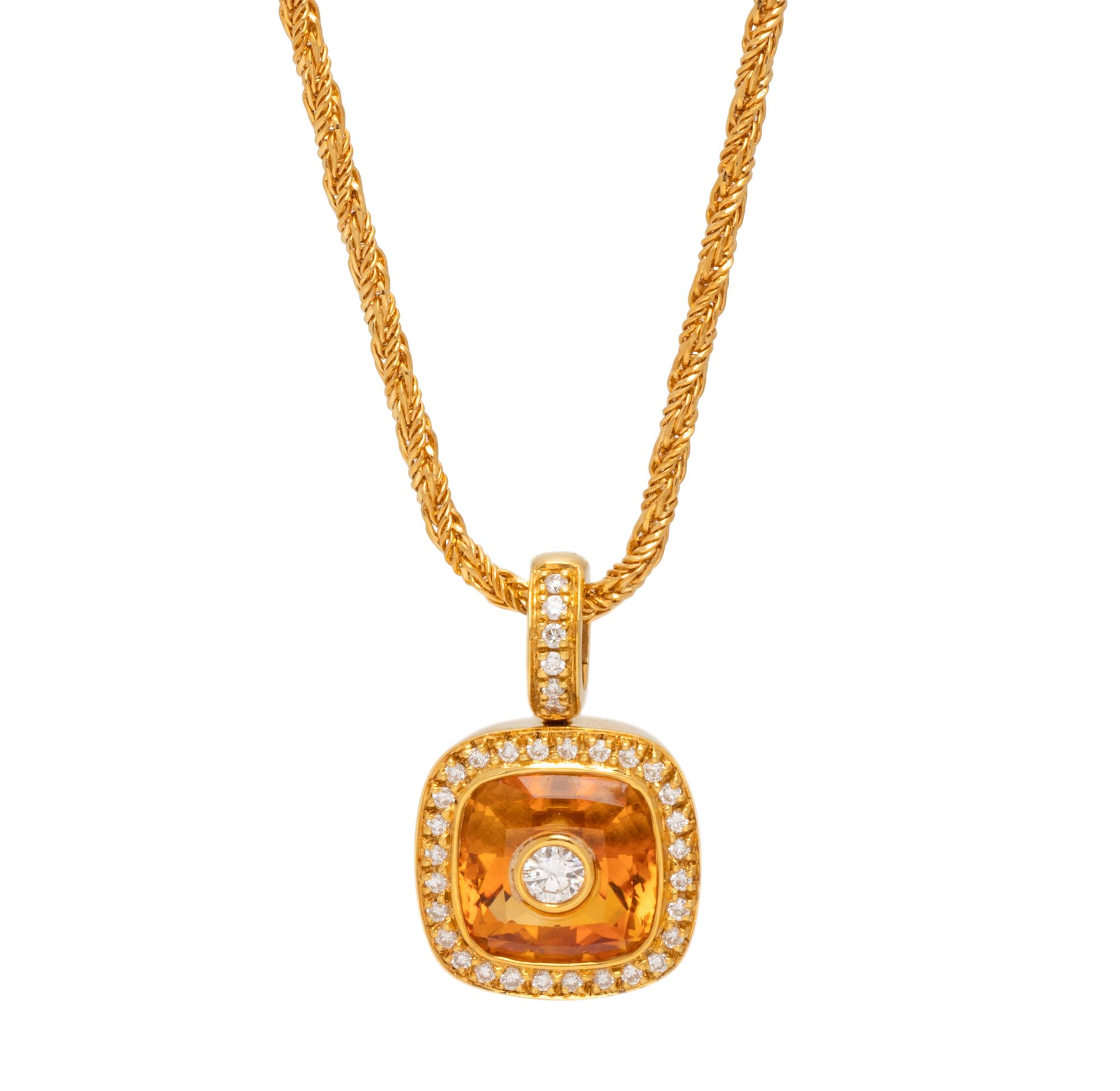 YELLOW GOLD, CITRINE AND DIAMOND PENDANT/NECKLACE