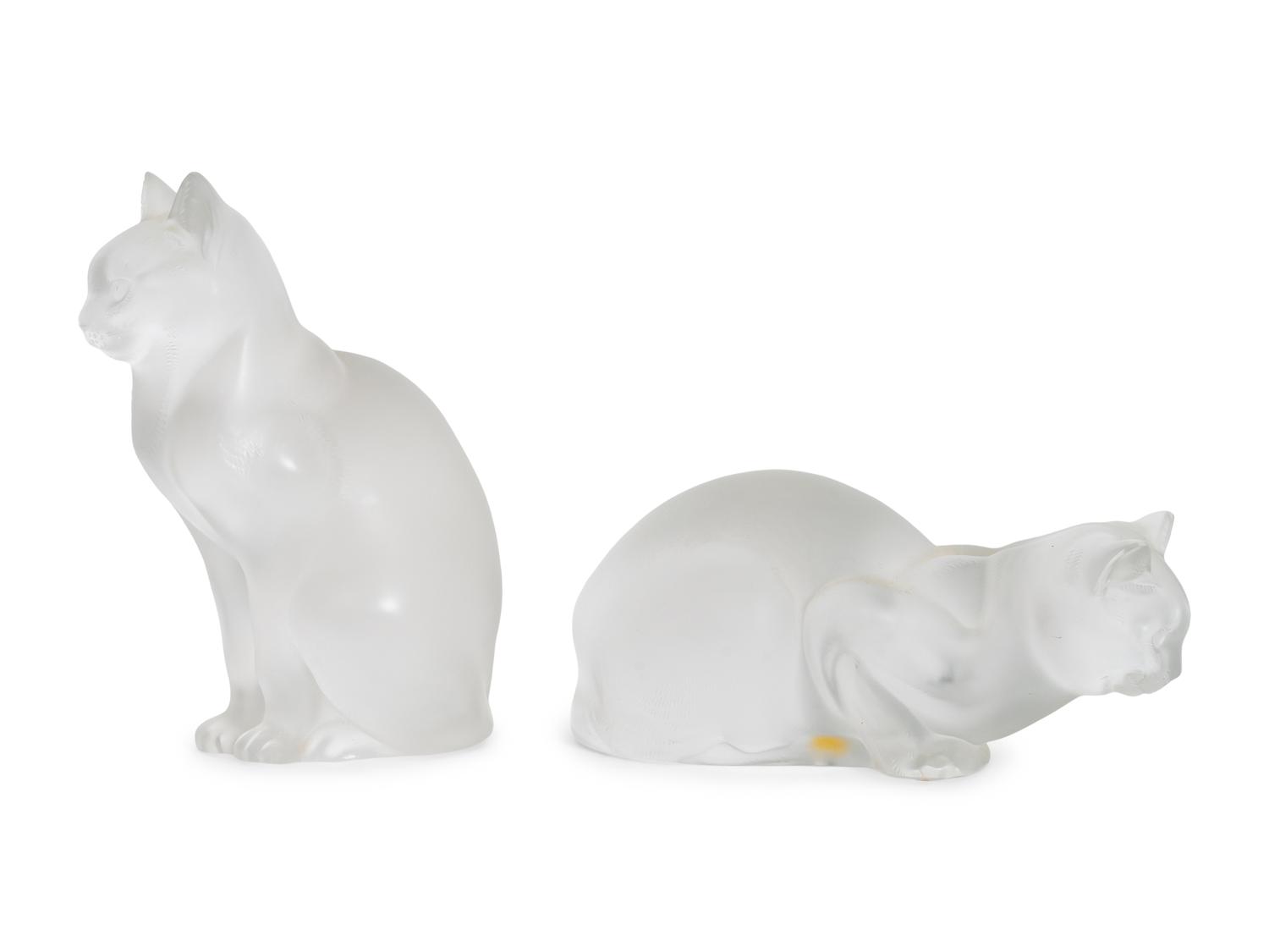 A Pair of Lalique Chat Assis and Chat Couche Feline Models