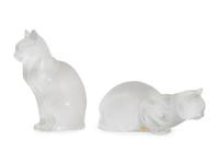 A Pair of Lalique Chat Assis and Chat Couche Feline Models