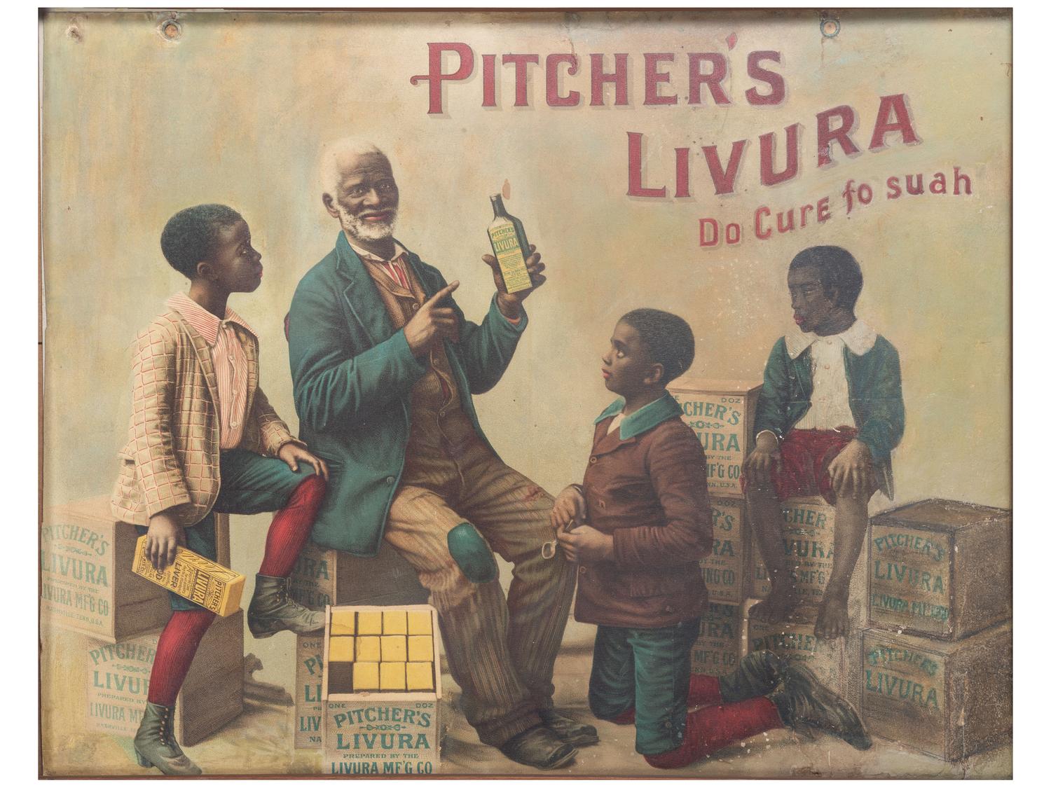 [ADVERTISING] -- [MEDICINE]. A group of 3 items highlighted by Pitcher's Livura advertisement featuring African American subjects.