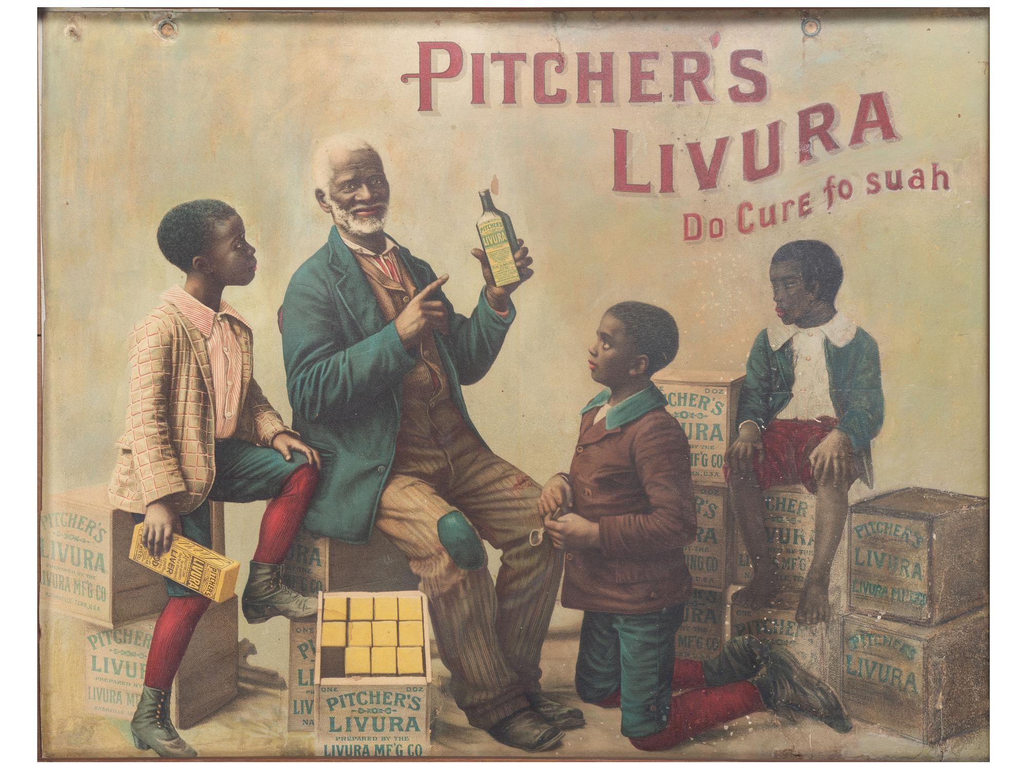 [ADVERTISING] -- [MEDICINE]. A group of 3 items highlighted by Pitcher's Livura advertisement featuring African American subjects.