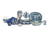 A Group of Fourteen Miscellaneous Blue and White Earthenware Articles including Chinese export porcelain and other examples.