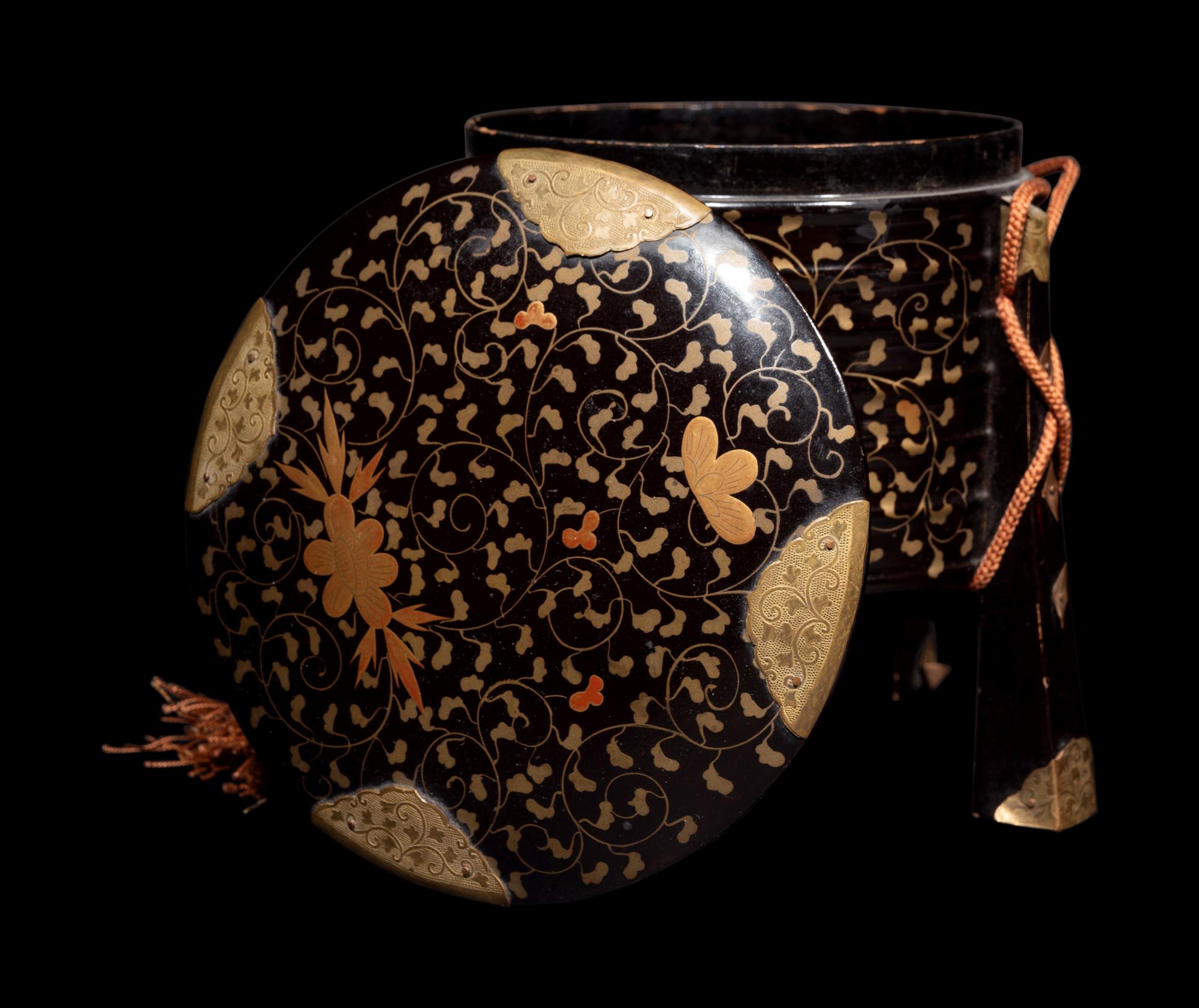 A Pair of Japanese Gold and Black Lacquer Hokai Shell Boxes and A Horsehair Paint Brush