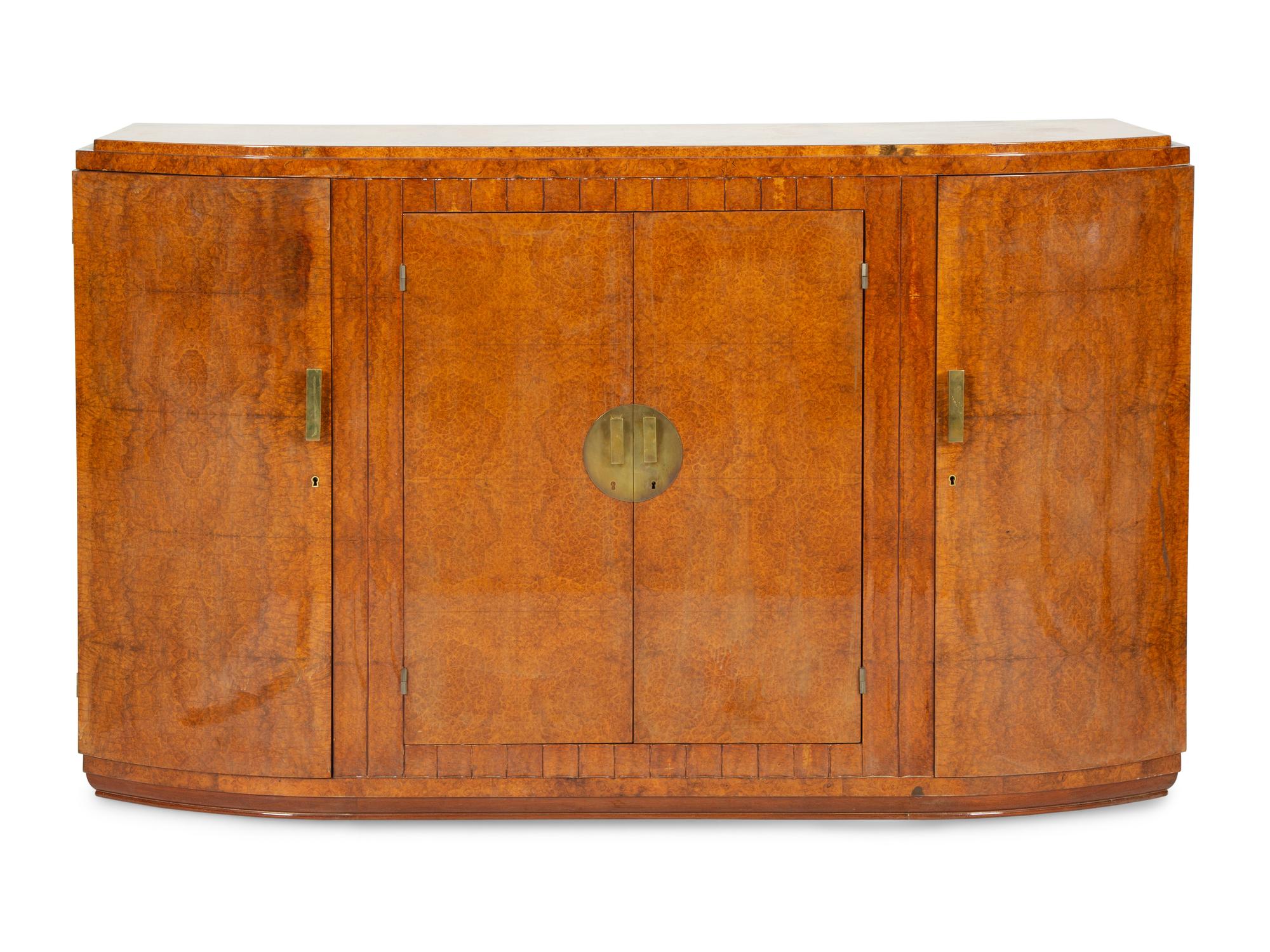 A French Art Deco Burl Amboyna and Birchwood Console Cabinet