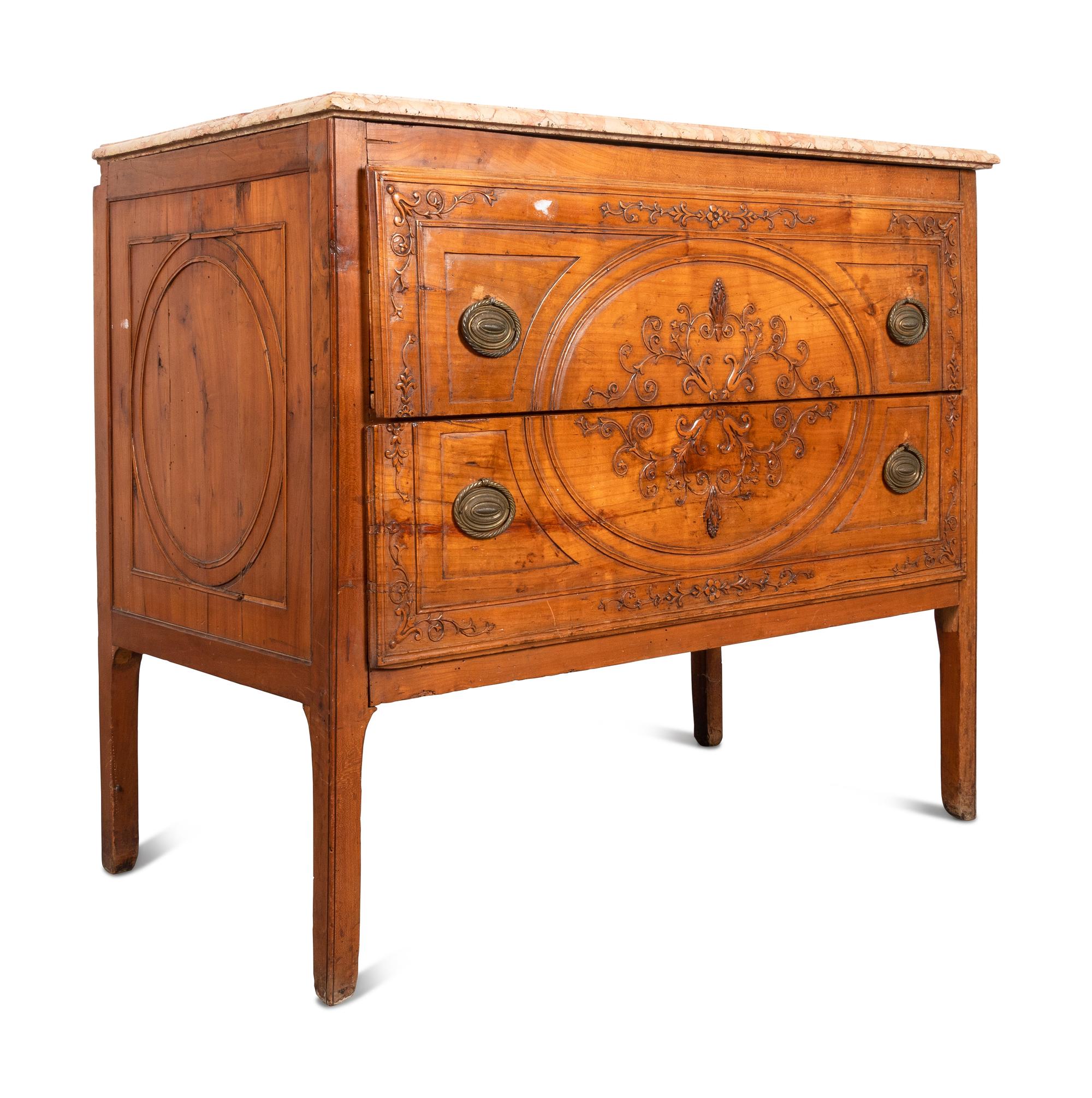 An Italian Carved Fruitwood Marble-Top Commode