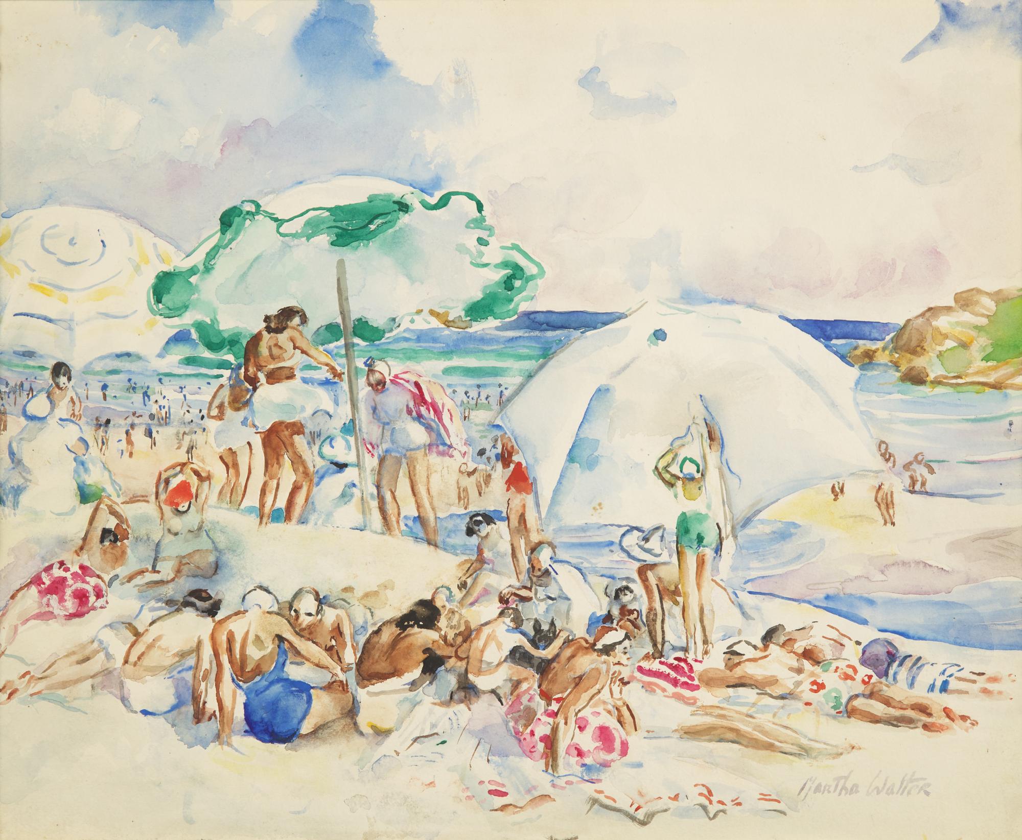 Martha Walter (American, 1875-1976) — Umbrellas on Bass Rocks Beach