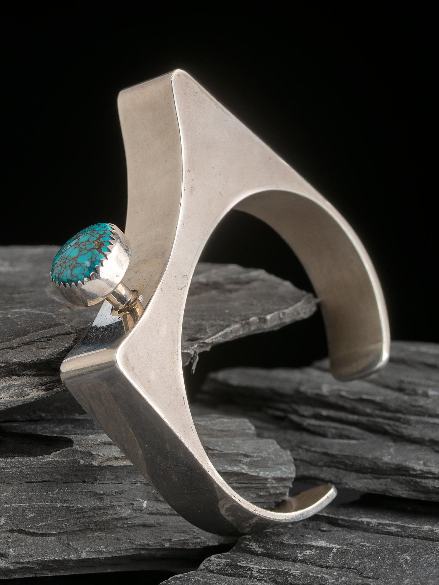 Abstract Silver Cuff Bracelet with High Grade Spiderweb Turquoise