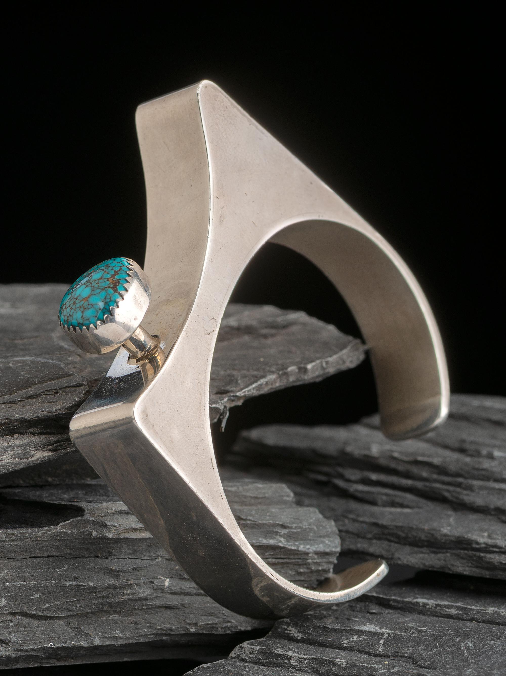 Abstract Silver Cuff Bracelet with High Grade Spiderweb Turquoise